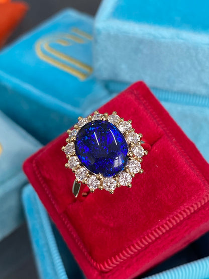 3.57 Carat Vintage Black Opal and Diamond Halo Ring in 18ct Yellow Gold