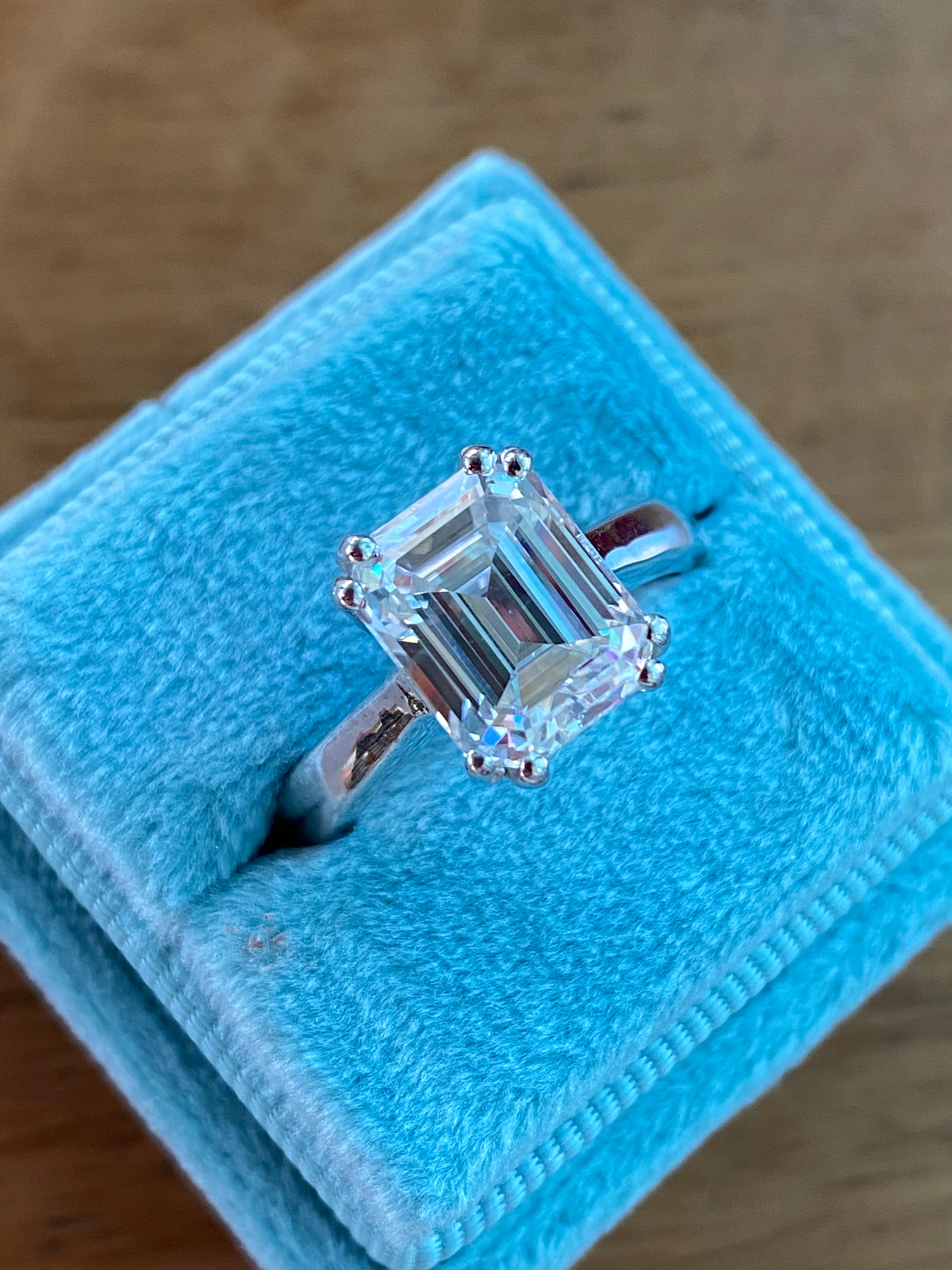 3.50 Carat Emerald Cut Moissanite Solitaire Engagement Ring in Sterling Silver