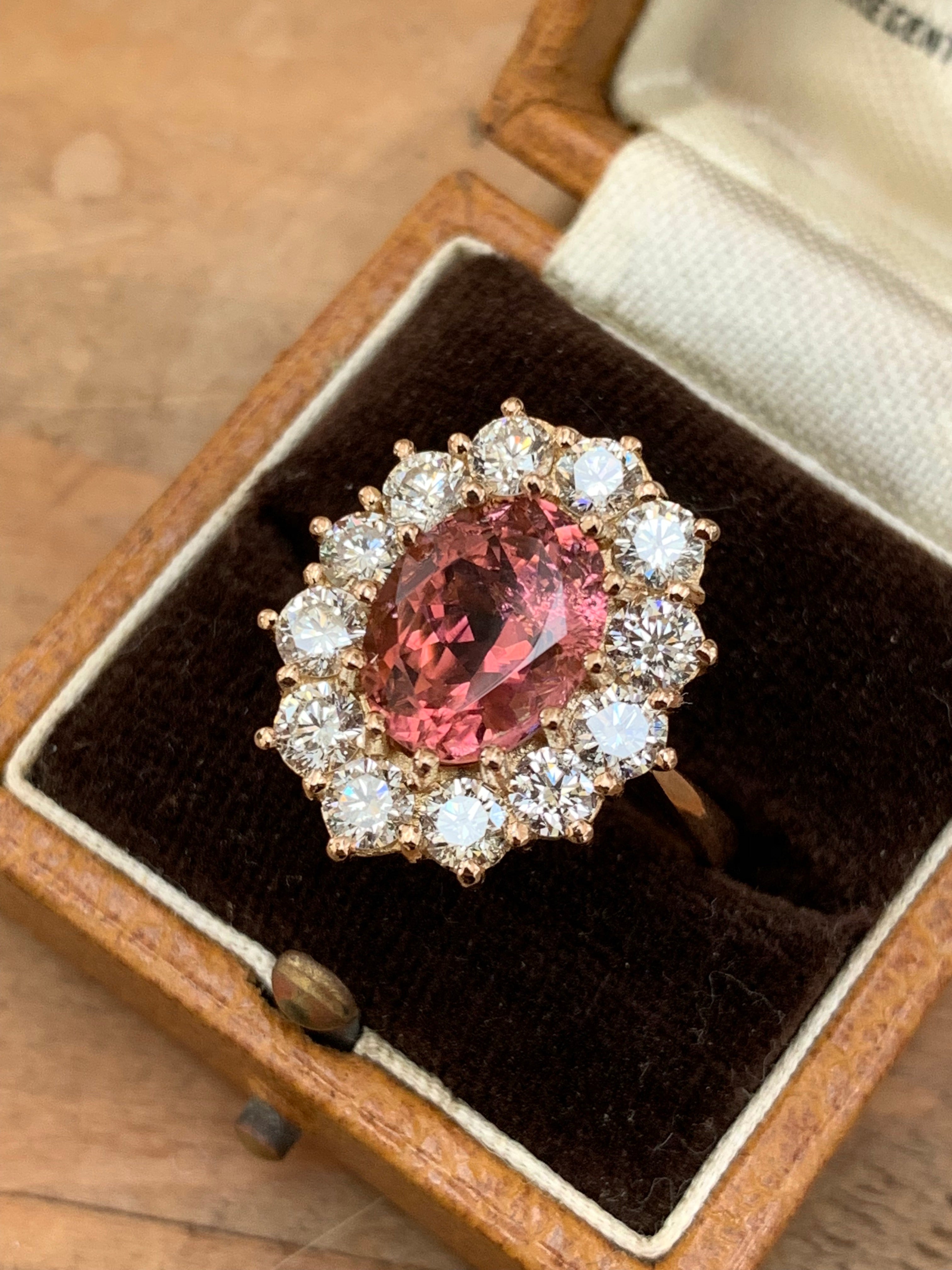 5.05 Carat Oval-Cut Pink Tourmaline and Diamond Halo Ring in 18K Rose Gold