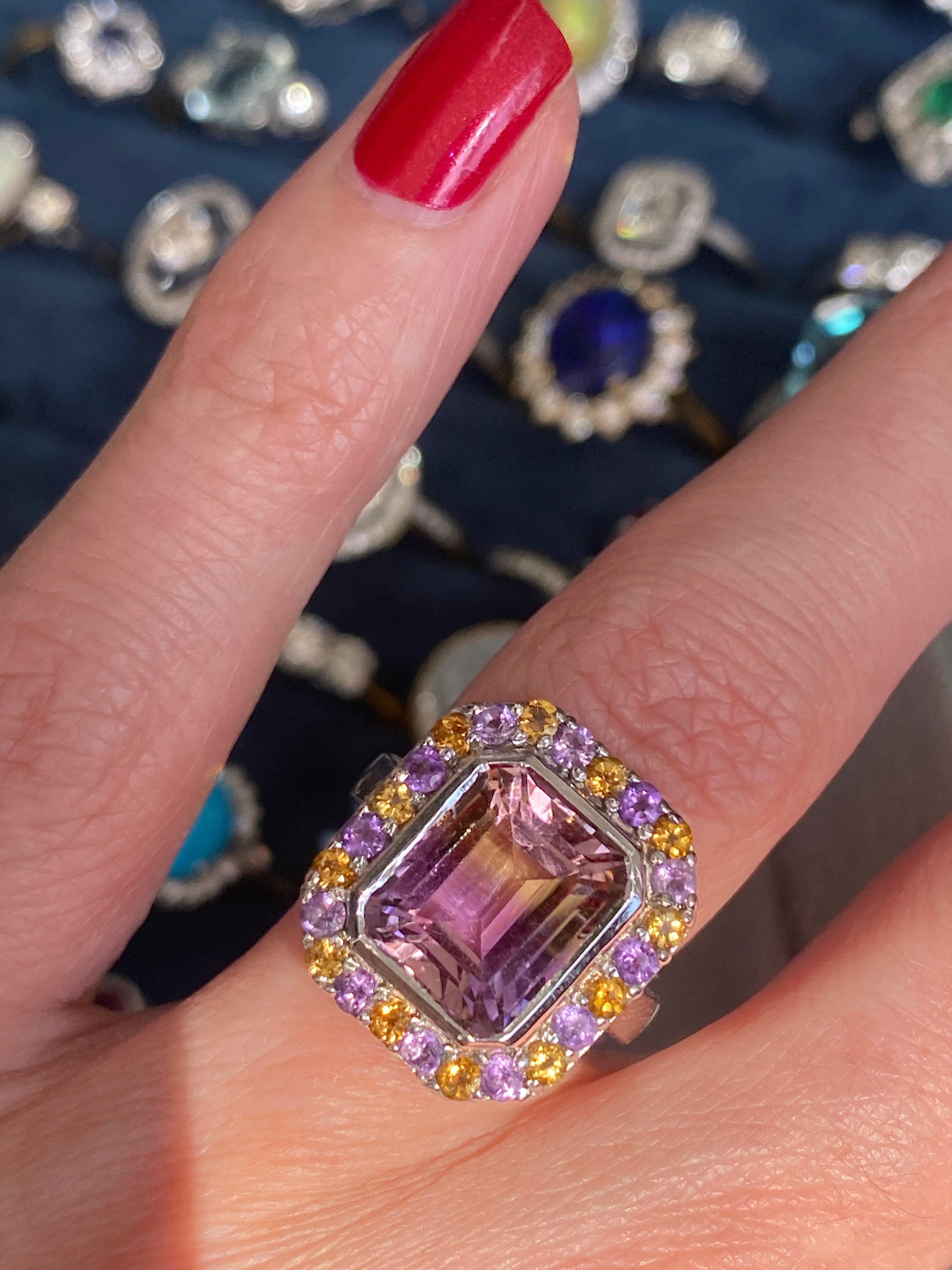 Ametrine Amethyst and Citrine Halo Cocktail Ring in Sterling Silver