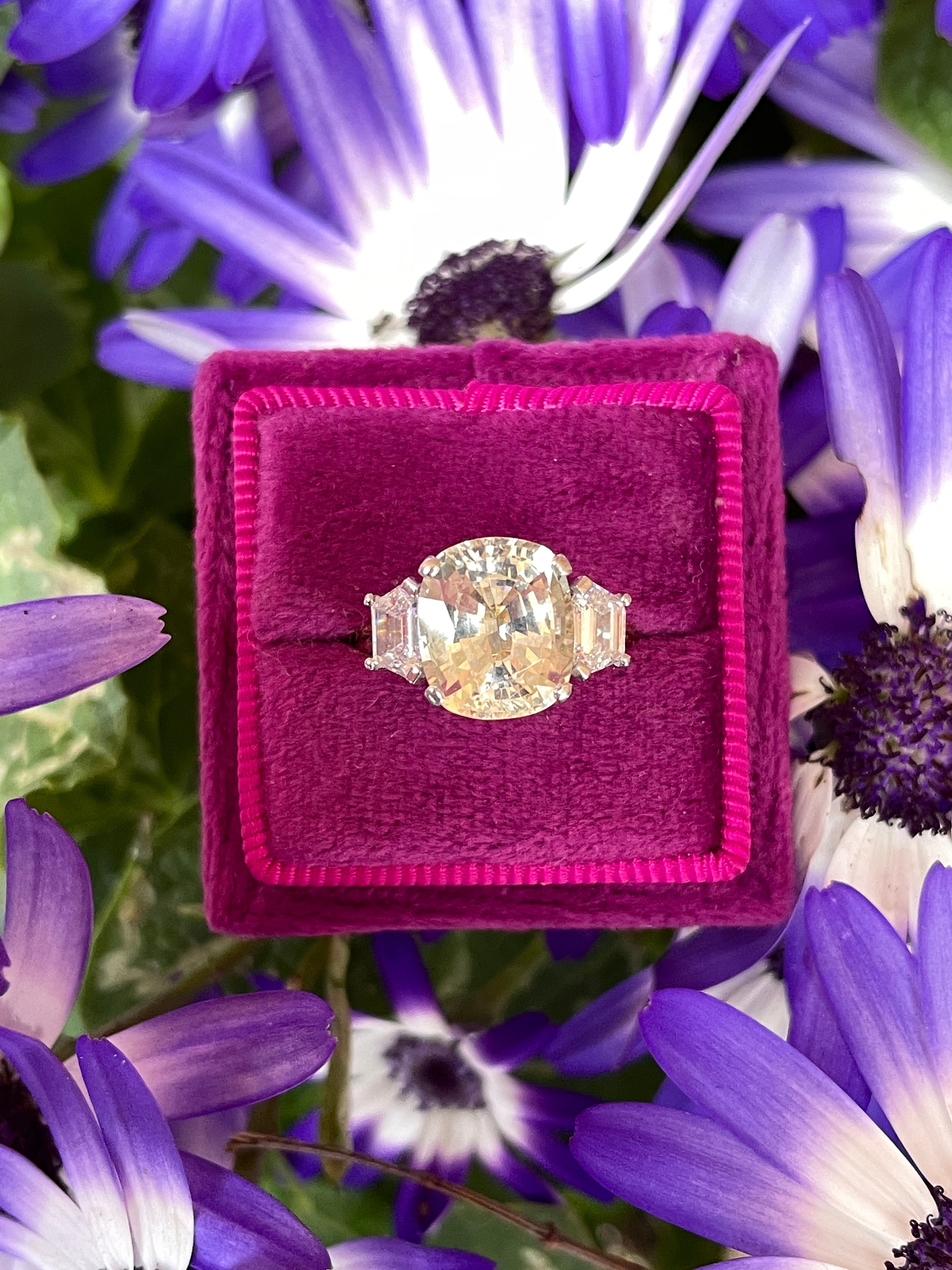 4.21 Carat Yellow Sapphire and Diamond Three Stone Ring in 18ct Yellow Gold