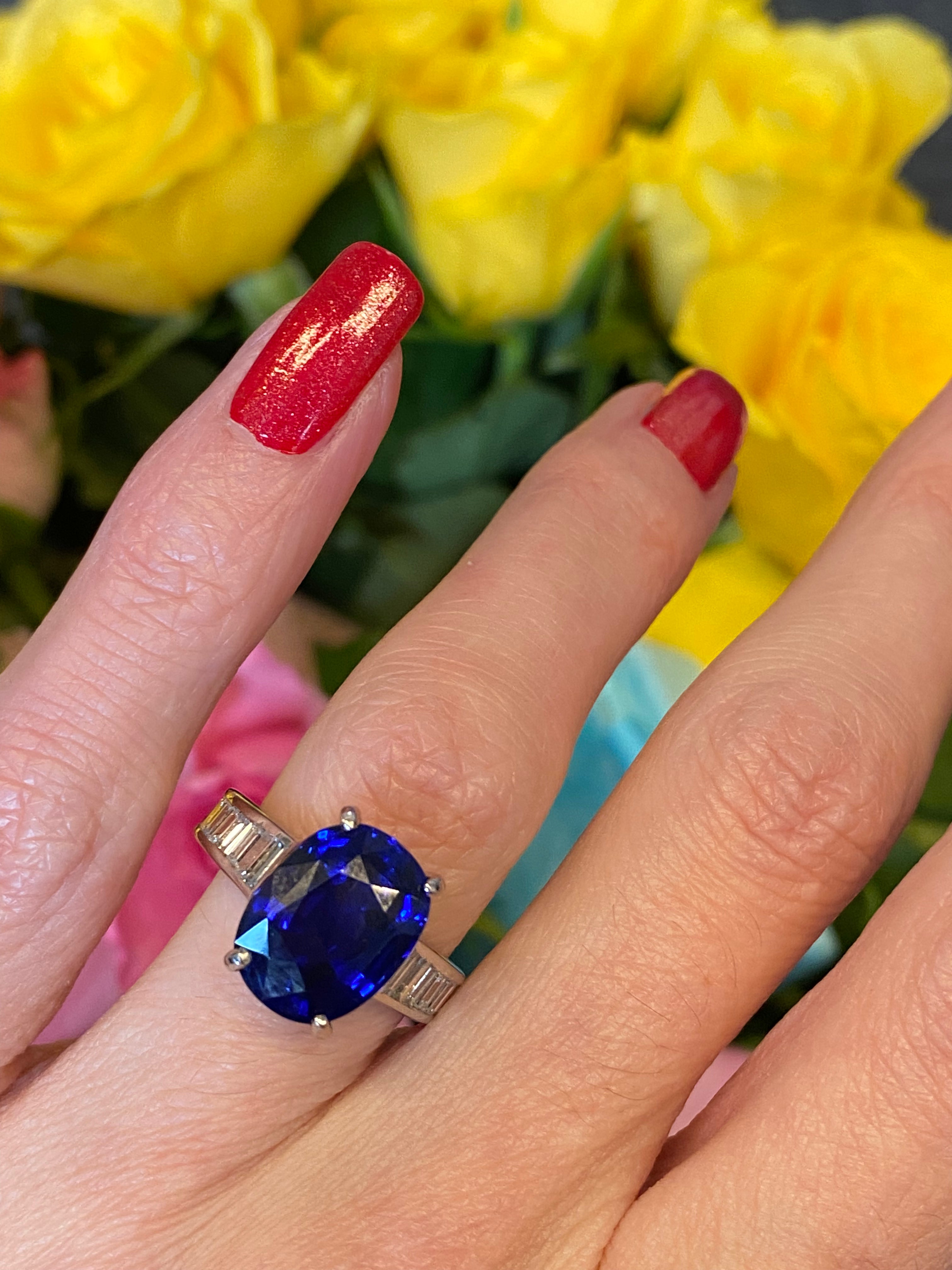 Oval Cut Blue Ceylon Sapphire Unheated and Diamond Art Deco Style Engagement Ring in Platinum 