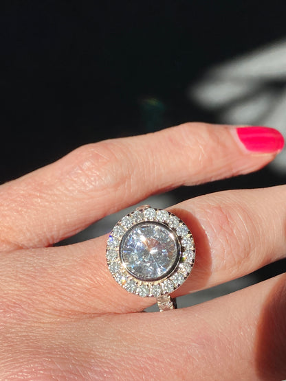 4.62 CTW No Heat White Sapphire and Diamond Halo Engagement Ring in 18ct White Gold
