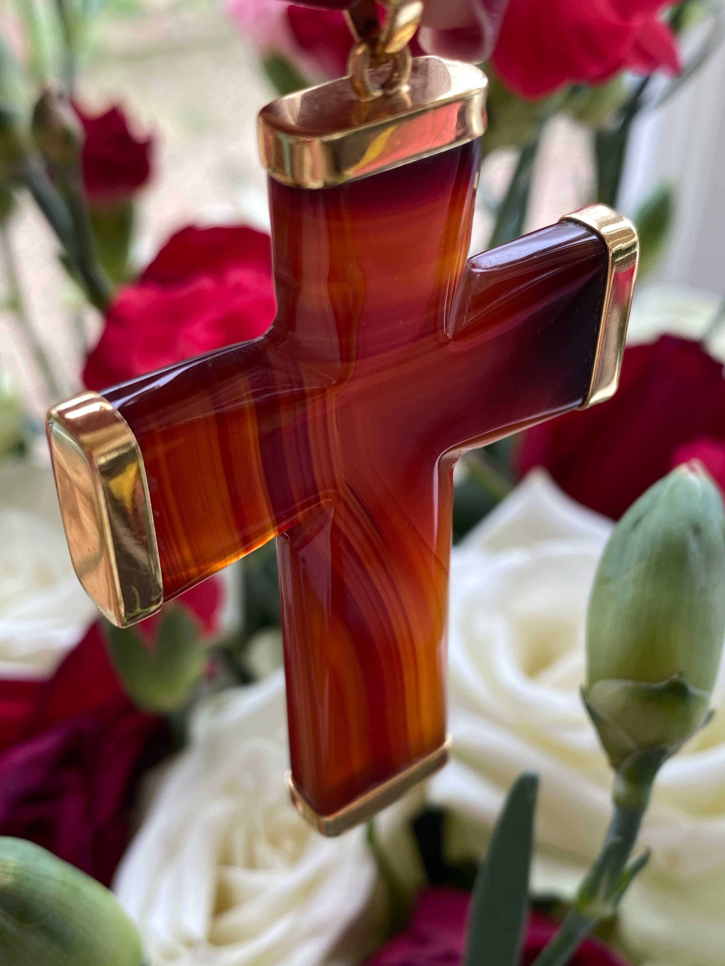 Vintage French Agate and Yellow Gold Cross Pendant 
