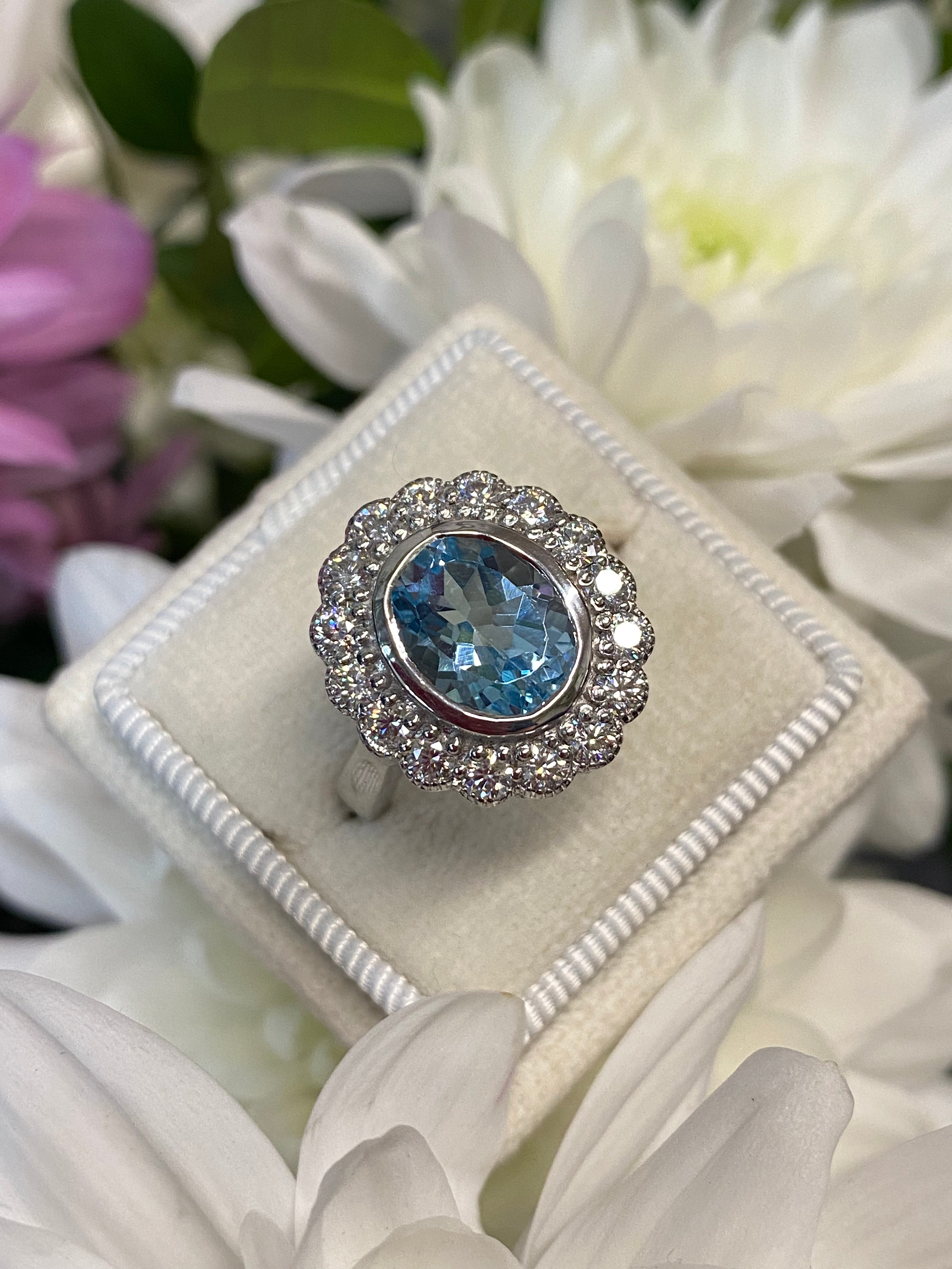 Blue Topaz and Moissanite Halo Cocktail Engagement Ring in Sterling Silver 