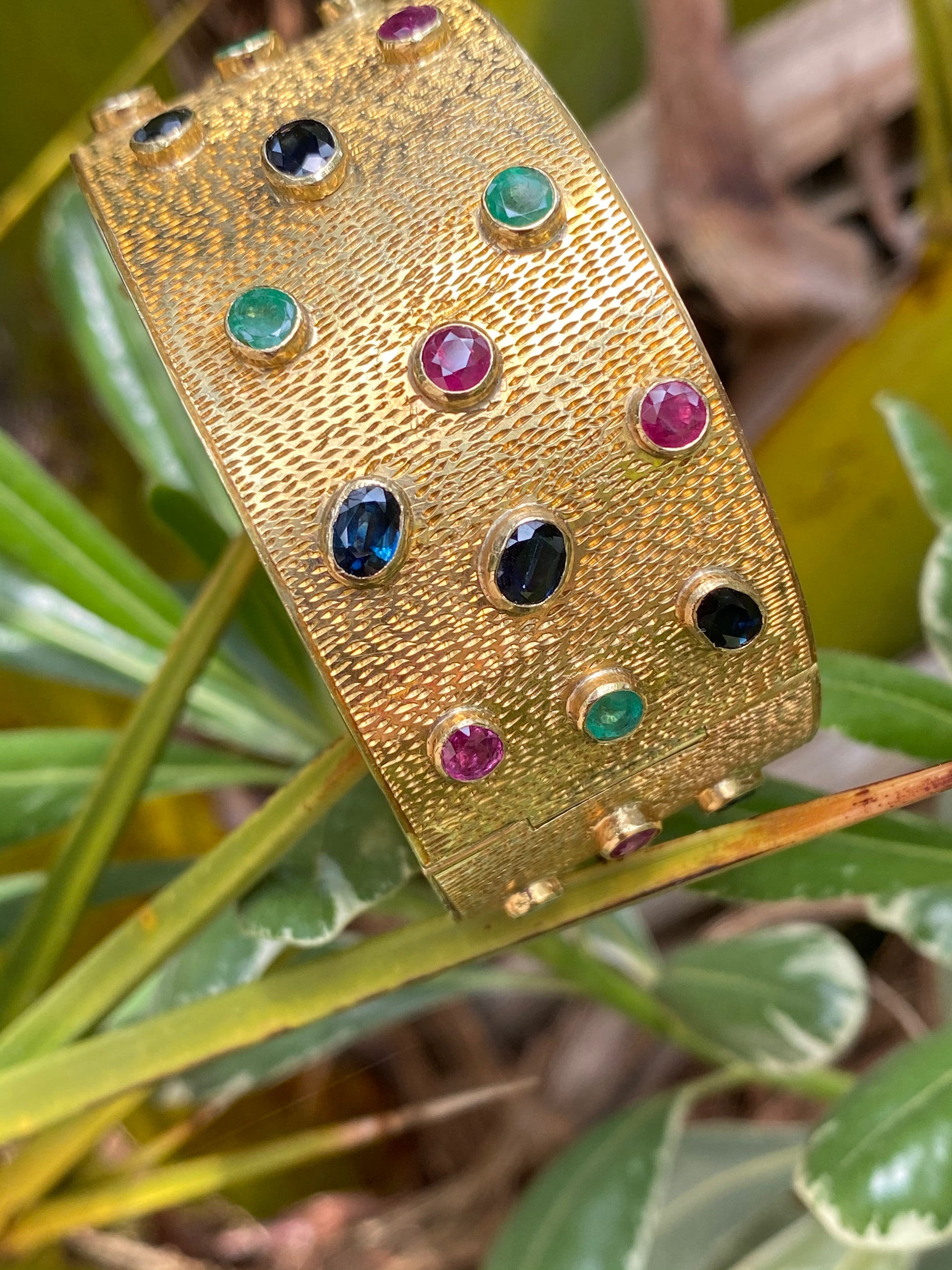 Vintage Ruby, Blue Sapphire and Emerald Bezel Set Cuff Bangle Bracelet in 18K Yellow Gold 