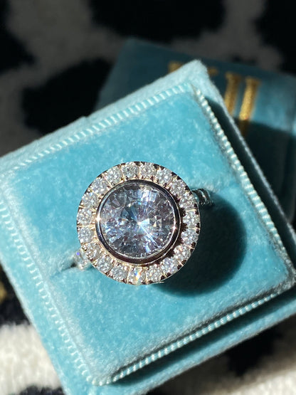 4.62 CTW No Heat White Sapphire and Diamond Halo Engagement Ring in 18ct White Gold