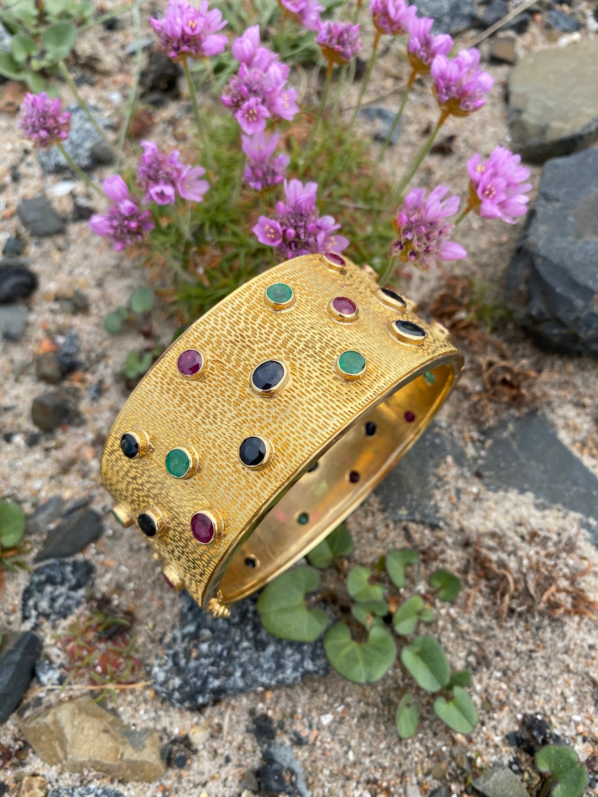 Vintage Ruby, Blue Sapphire and Emerald Bezel Set Cuff Bangle Bracelet in 18K Yellow Gold 
