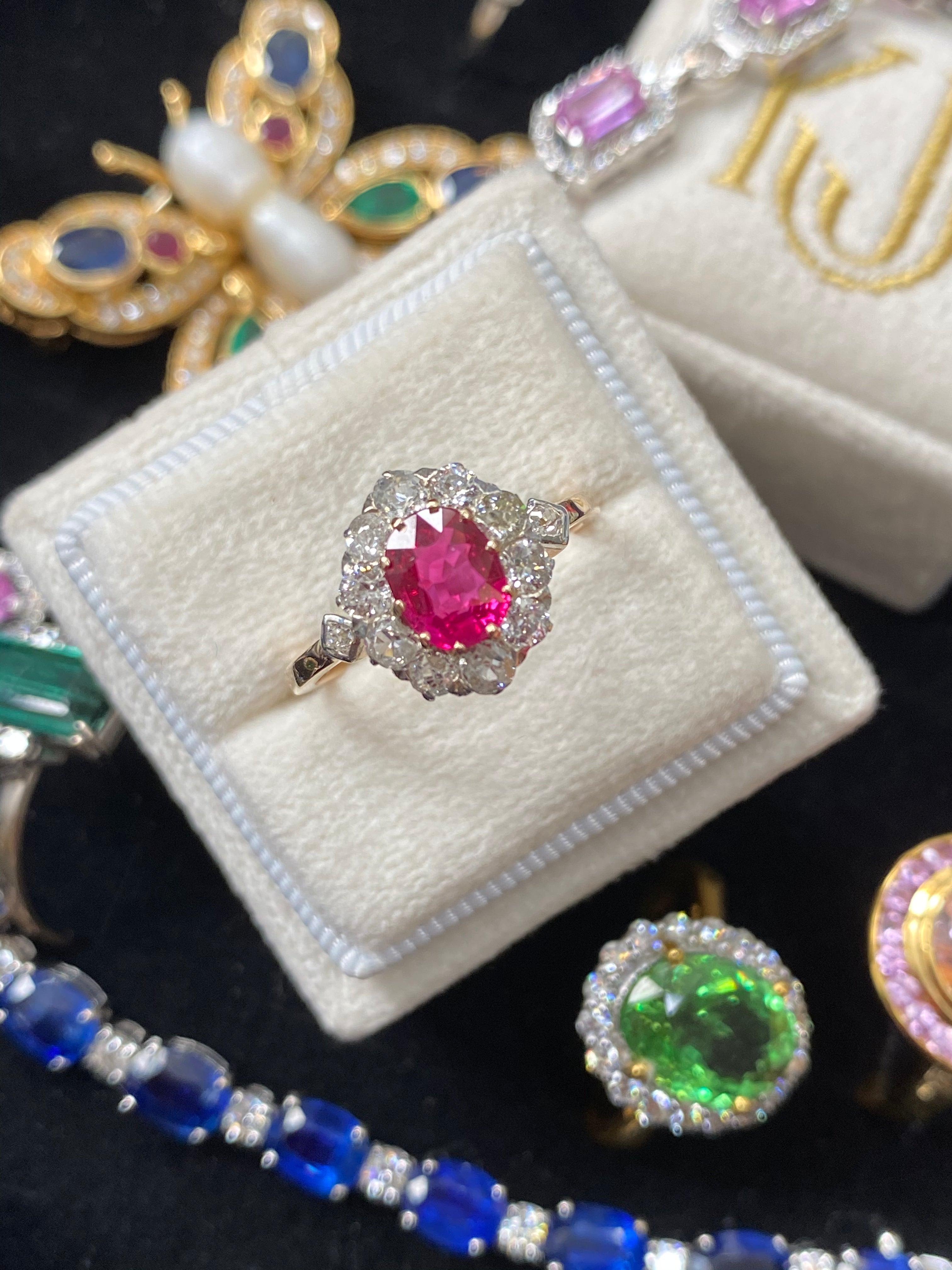 1.18 Carat Antique Ruby and Diamond Halo Engagement Ring in 18ct Yellow Gold