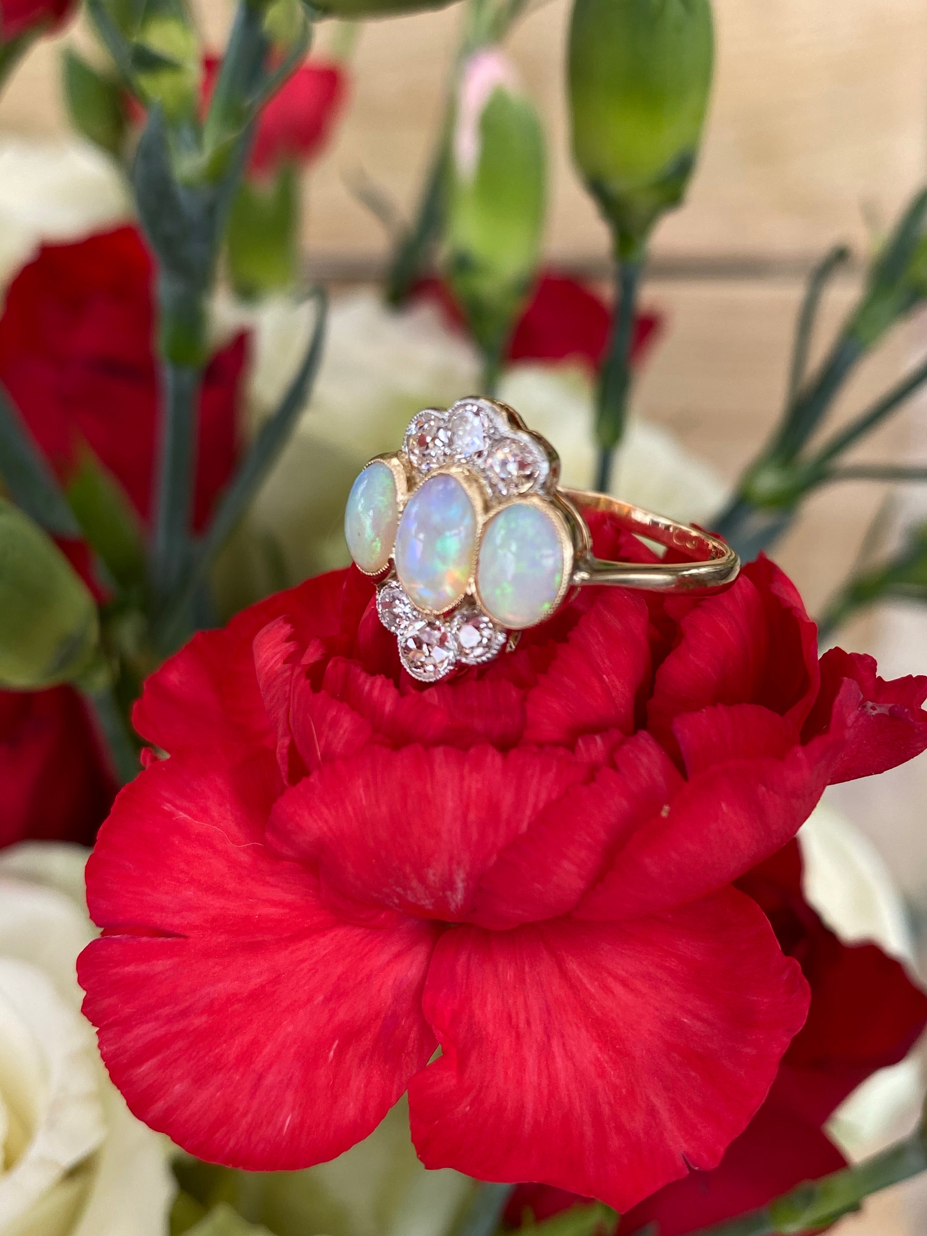 Antique Edwardian Opal and Diamond Trilogy Ring in 18ct Yellow Gold and Platinum