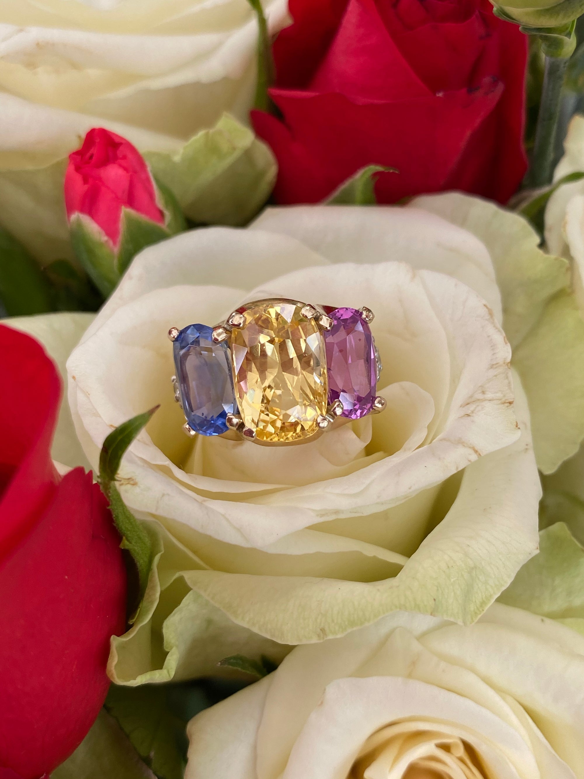 No Heat Pink, Yellow and Blue Sapphire Cushion Cut Engagement Ring