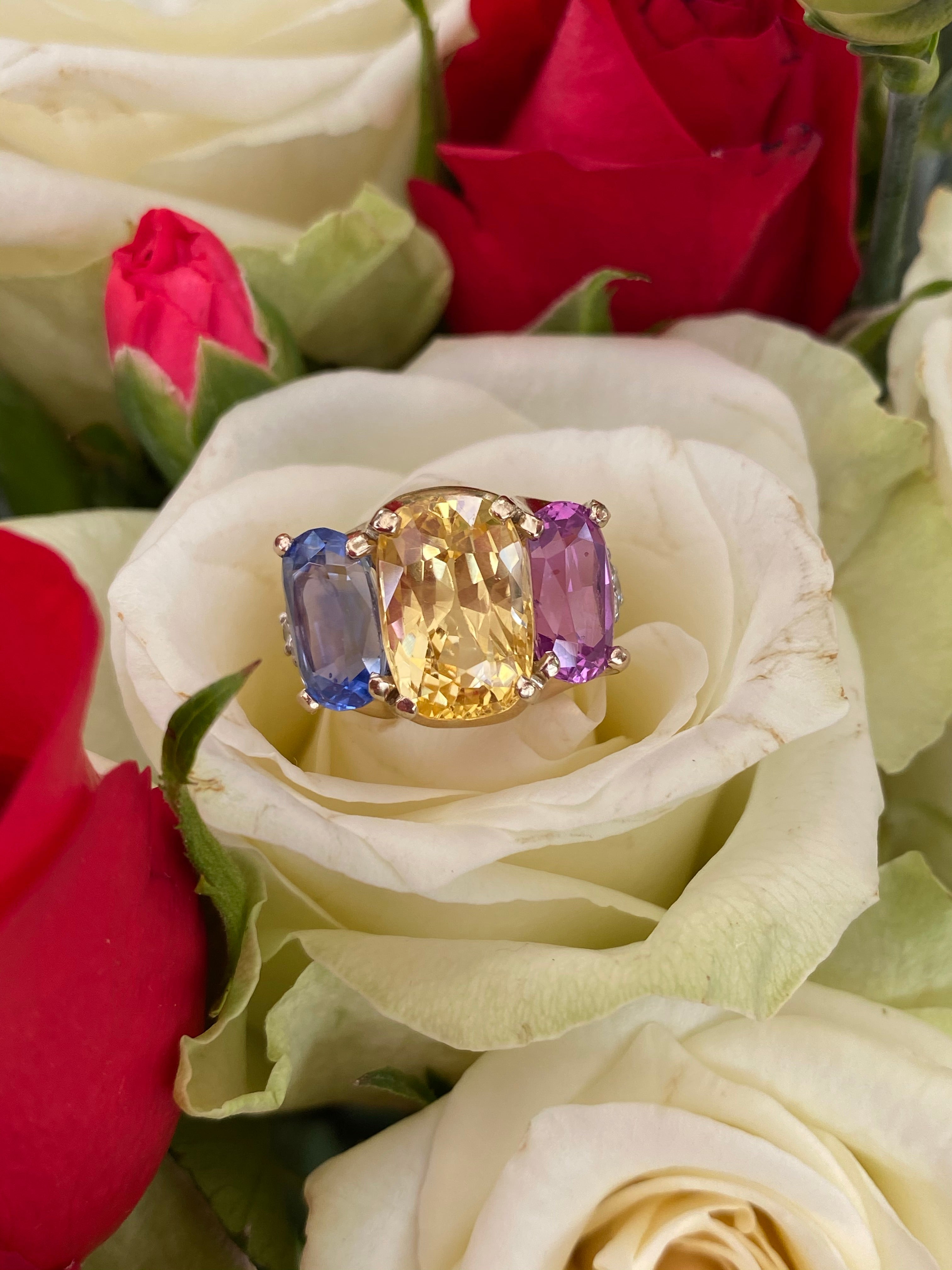 No Heat Pink, Yellow and Blue Sapphire Cushion Cut Engagement Ring