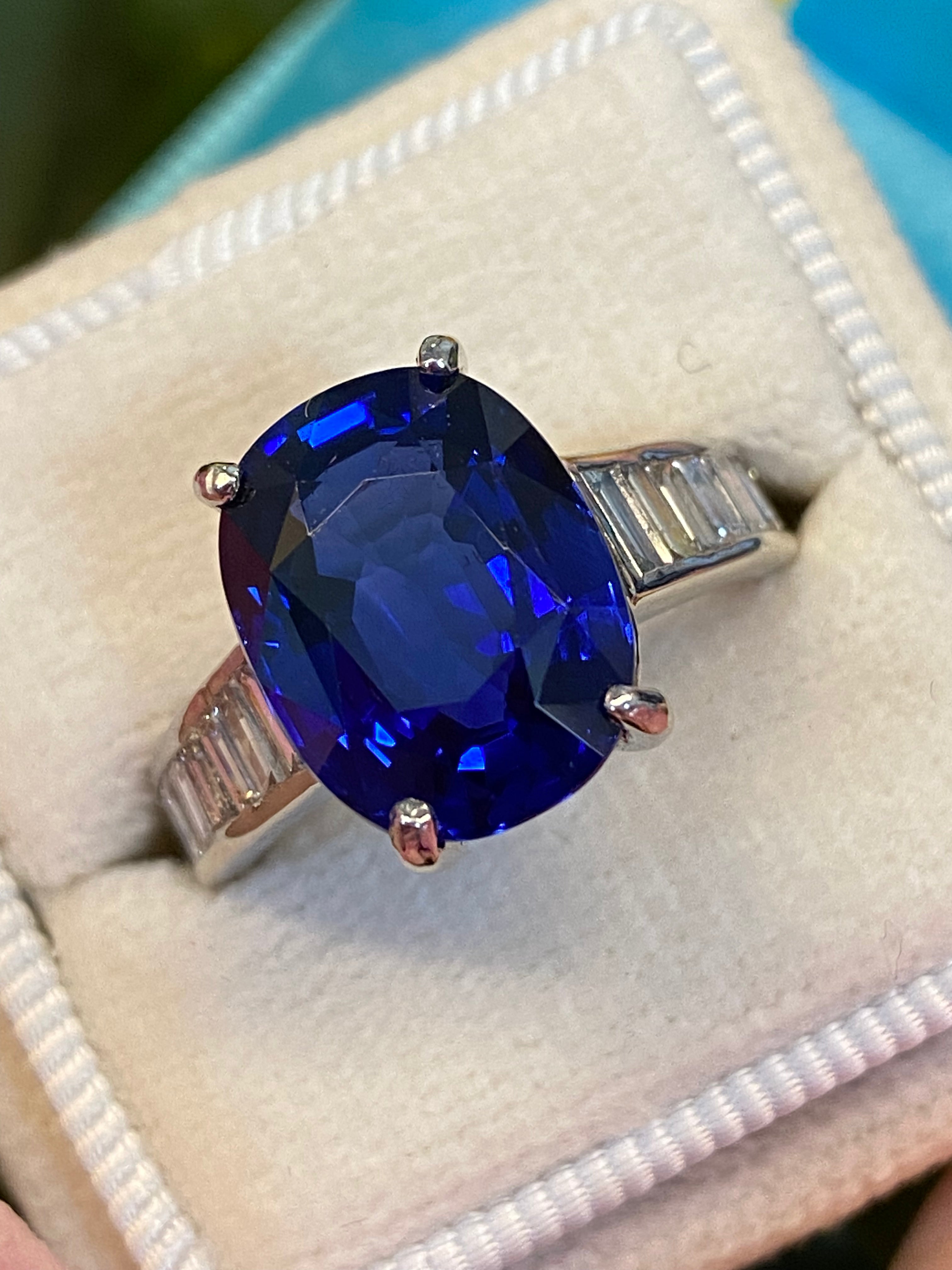 Oval Cut Blue Ceylon Sapphire Unheated and Diamond Art Deco Style Engagement Ring in Platinum 