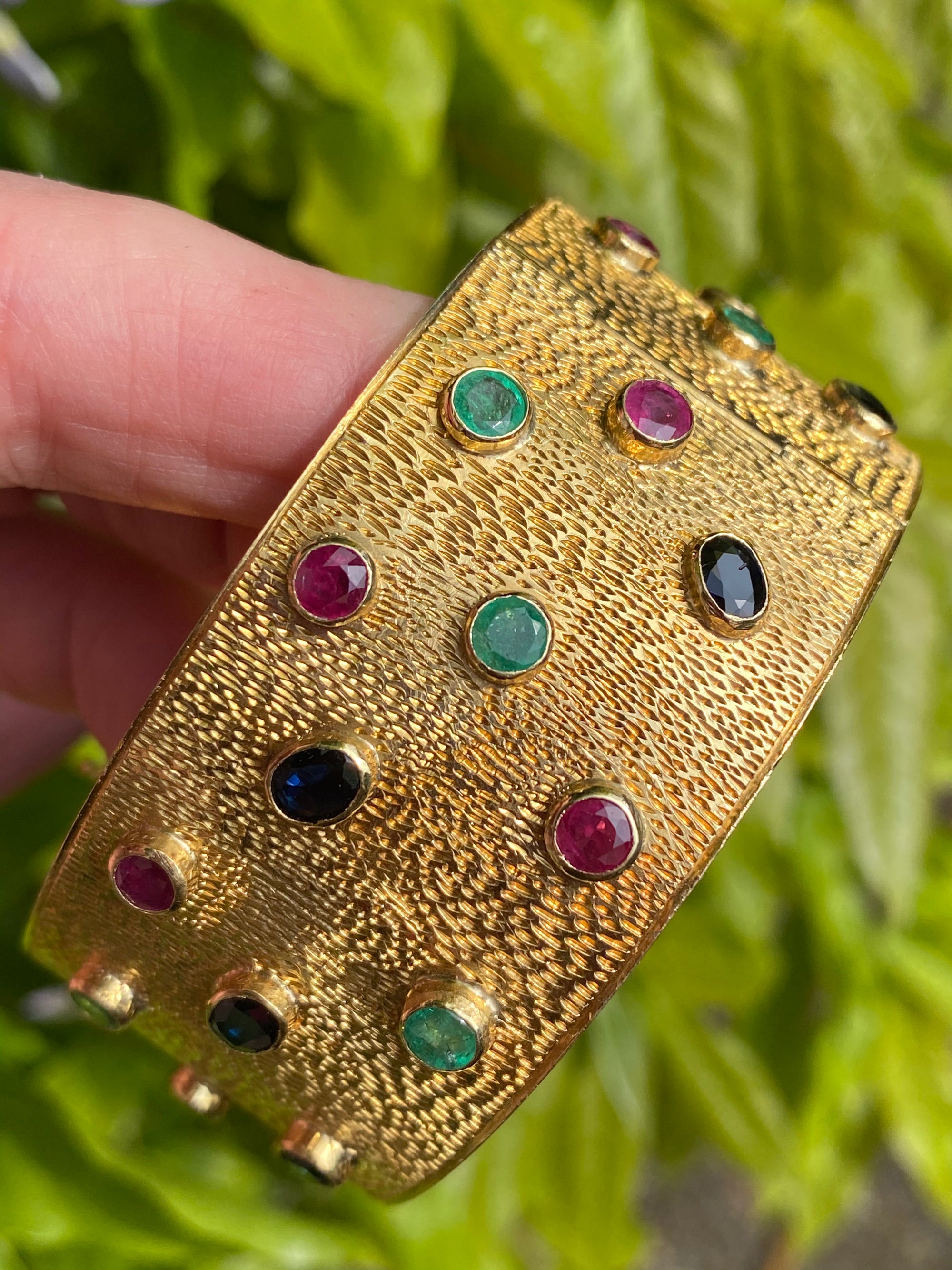 Vintage Ruby, Blue Sapphire and Emerald Cuff Bracelet in 18ct Yellow Gold