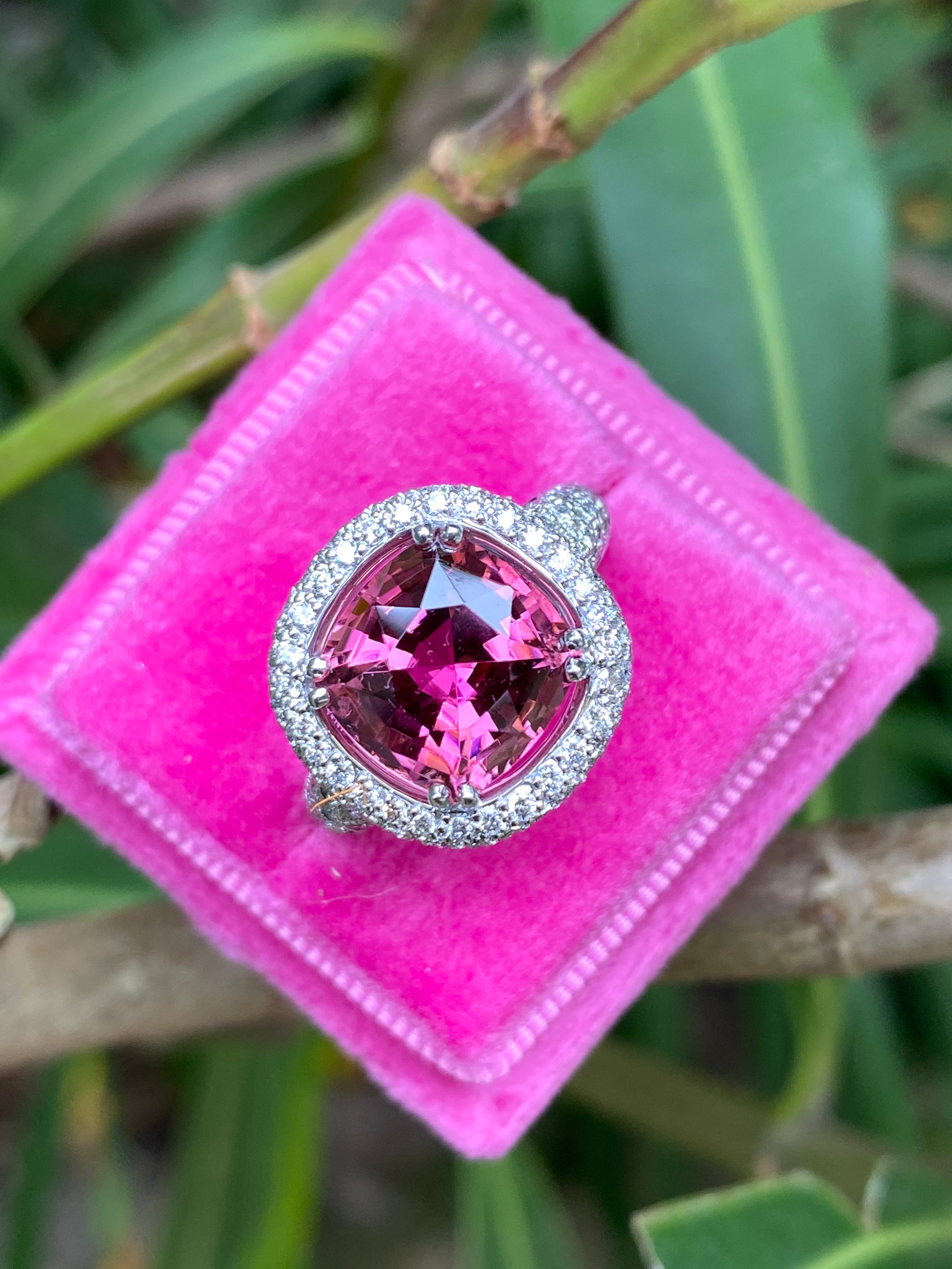 Cushion Cut Pink Tourmaline and Diamond Halo Ring in White Gold 