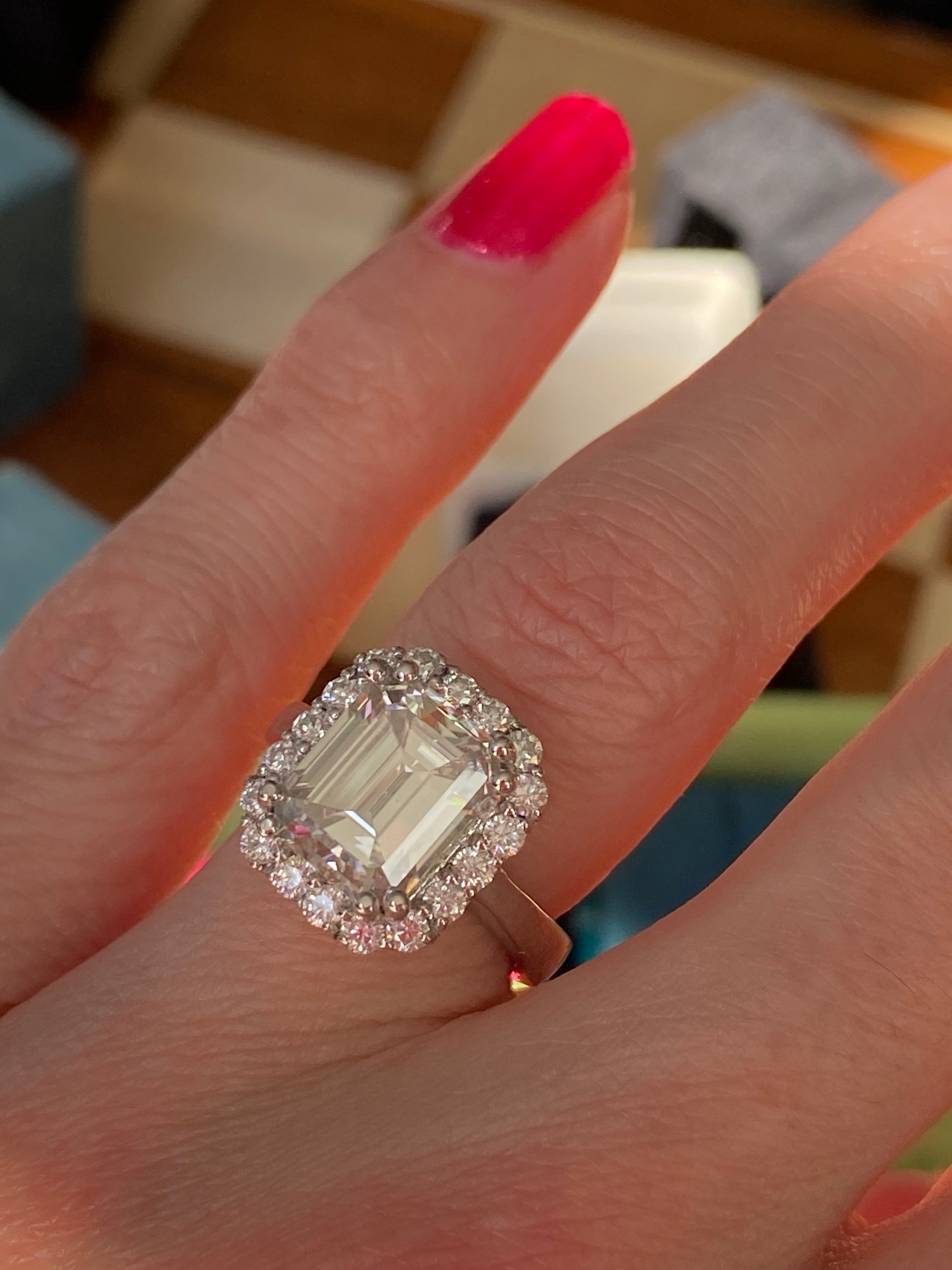 4 Carat Emerald Cut Moissanite Halo Engagement Ring Katherine James Jewellery 