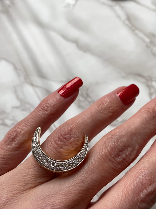 Diamond pave crescent moon cocktail ring in yellow gold 
