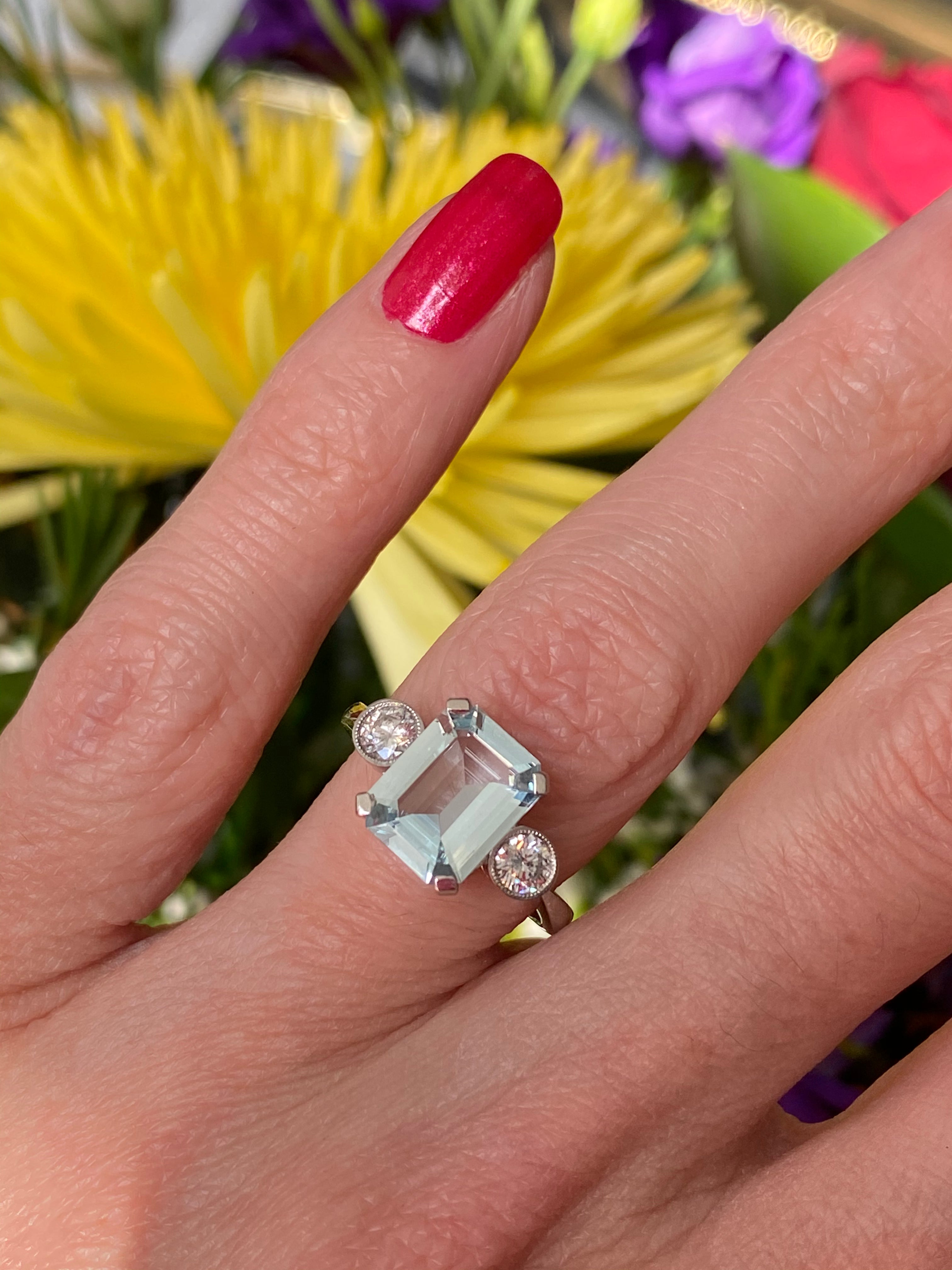 2.75 Carat Emerald Cut Aquamarine and Diamond Three Stone Engagement Ring in Platinum 