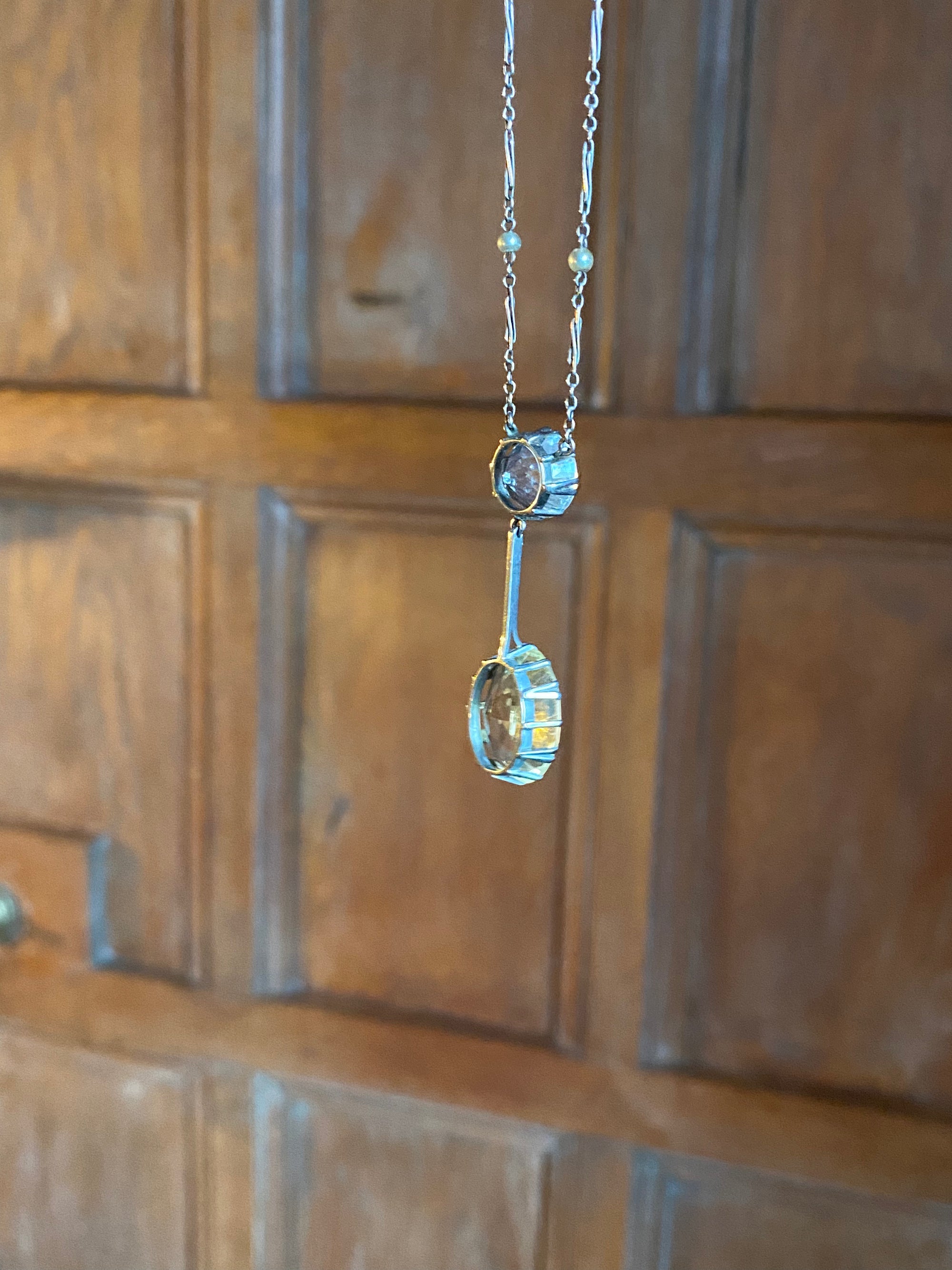 Edwardian 5.00 Carat Blue Zircon, 10.00 Carat Citrine and Seed Pearl Lavaliere Necklace