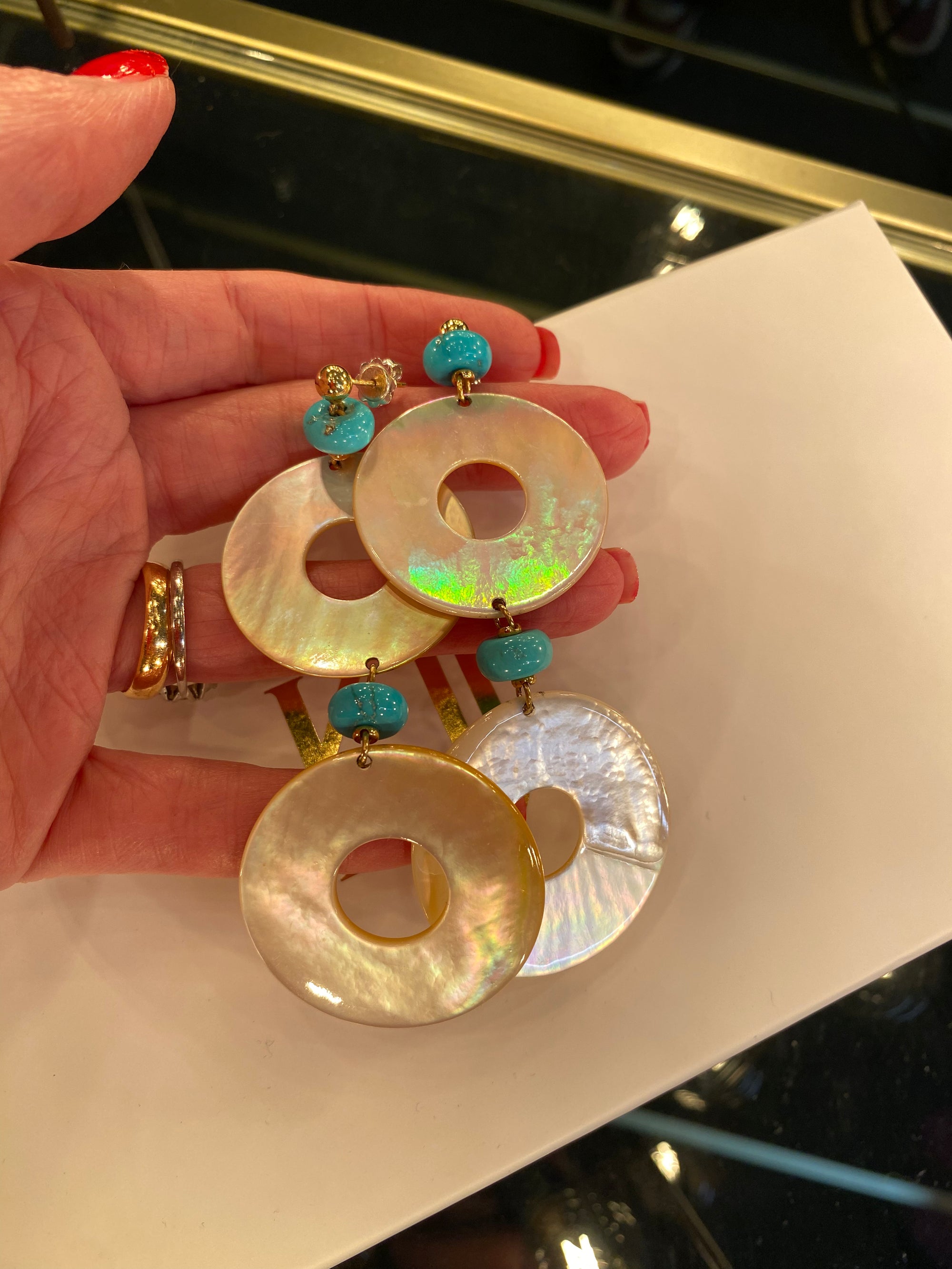 Huge Statement Turquoise and Mother of Pearl Drop Earrings in 18ct Yellow Gold