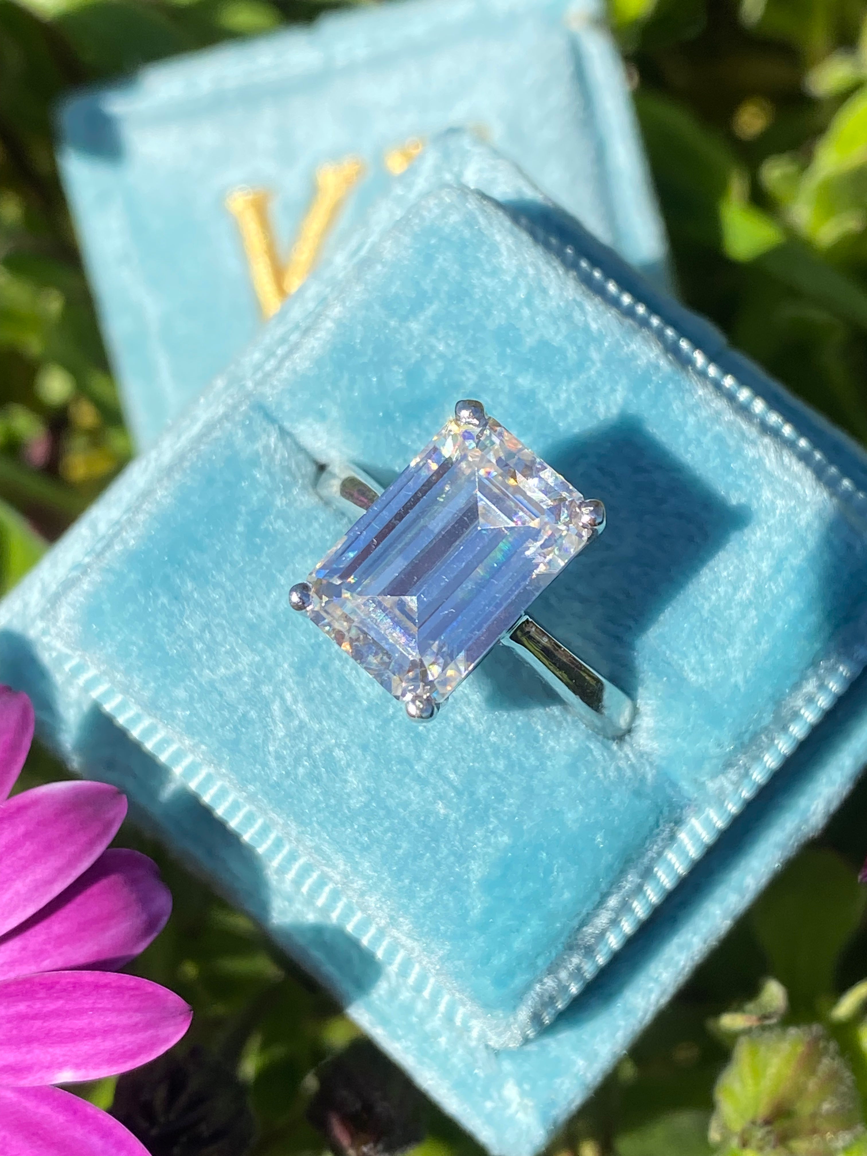 5 Carat Emerald Cut Moissanite Engagement Ring in Sterling Silver Katherine James Jewellery 