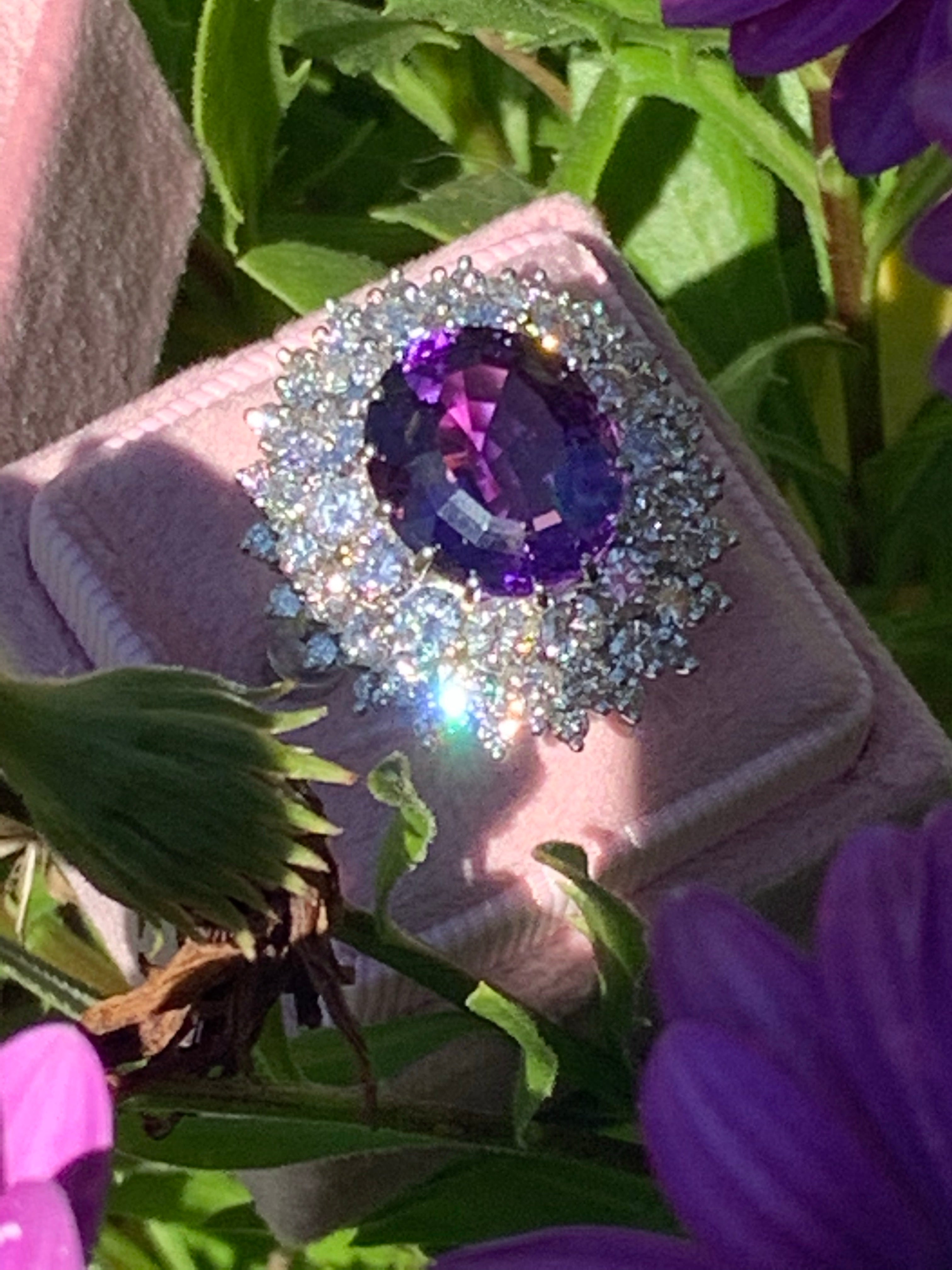 7.30 Carat Oval Cut Amethyst and Diamond Halo Ring in 18ct White Gold