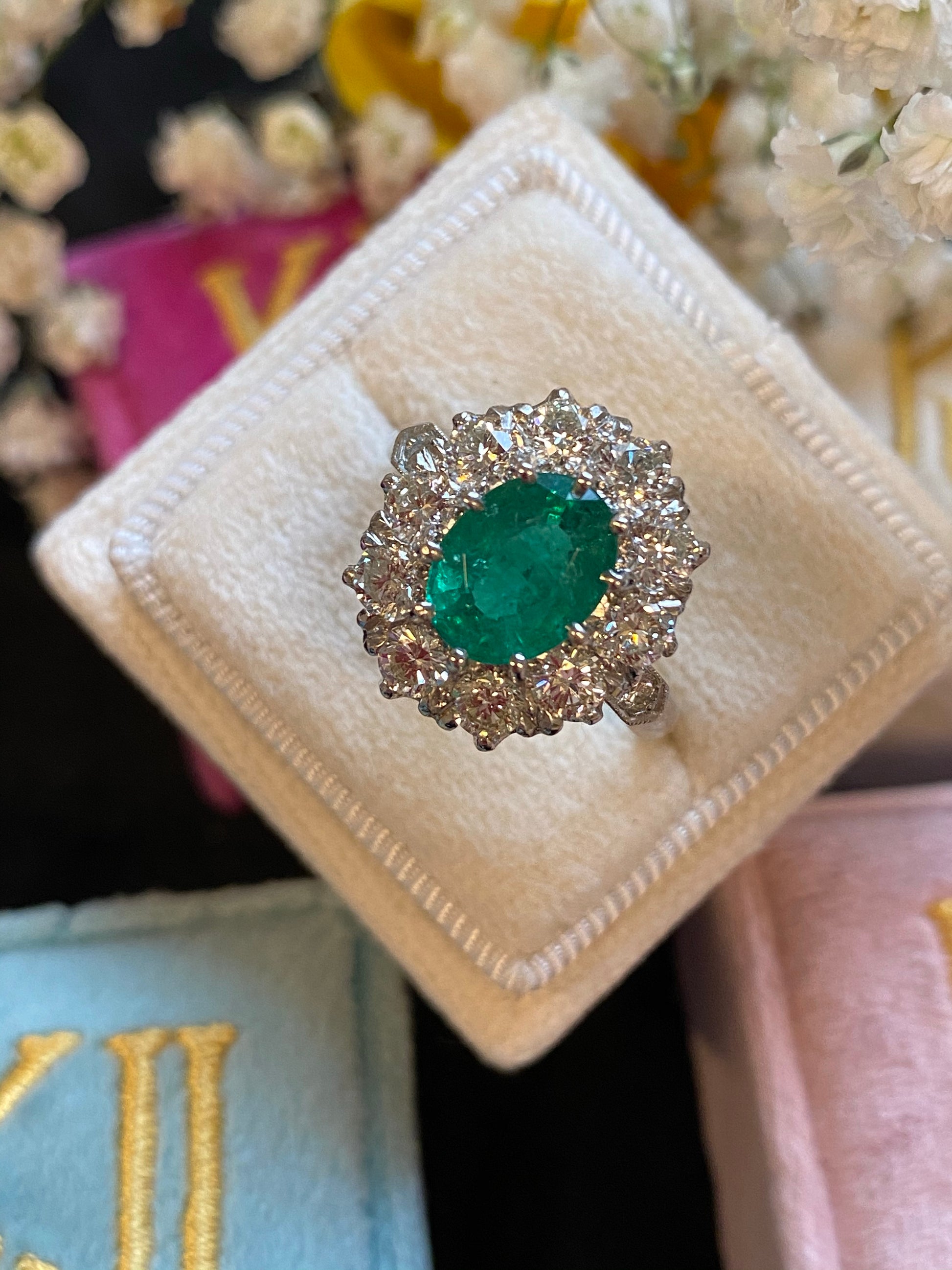 1.54 Carat Oval Cut Emerald and Diamond Halo Engagement Ring in Platinum 