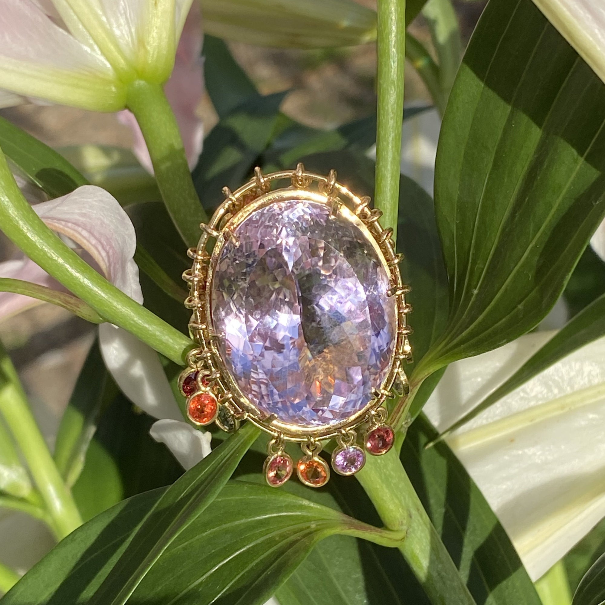75 Carat Kunzite and Sapphire Cocktail Ring in 18K Yellow Gold 