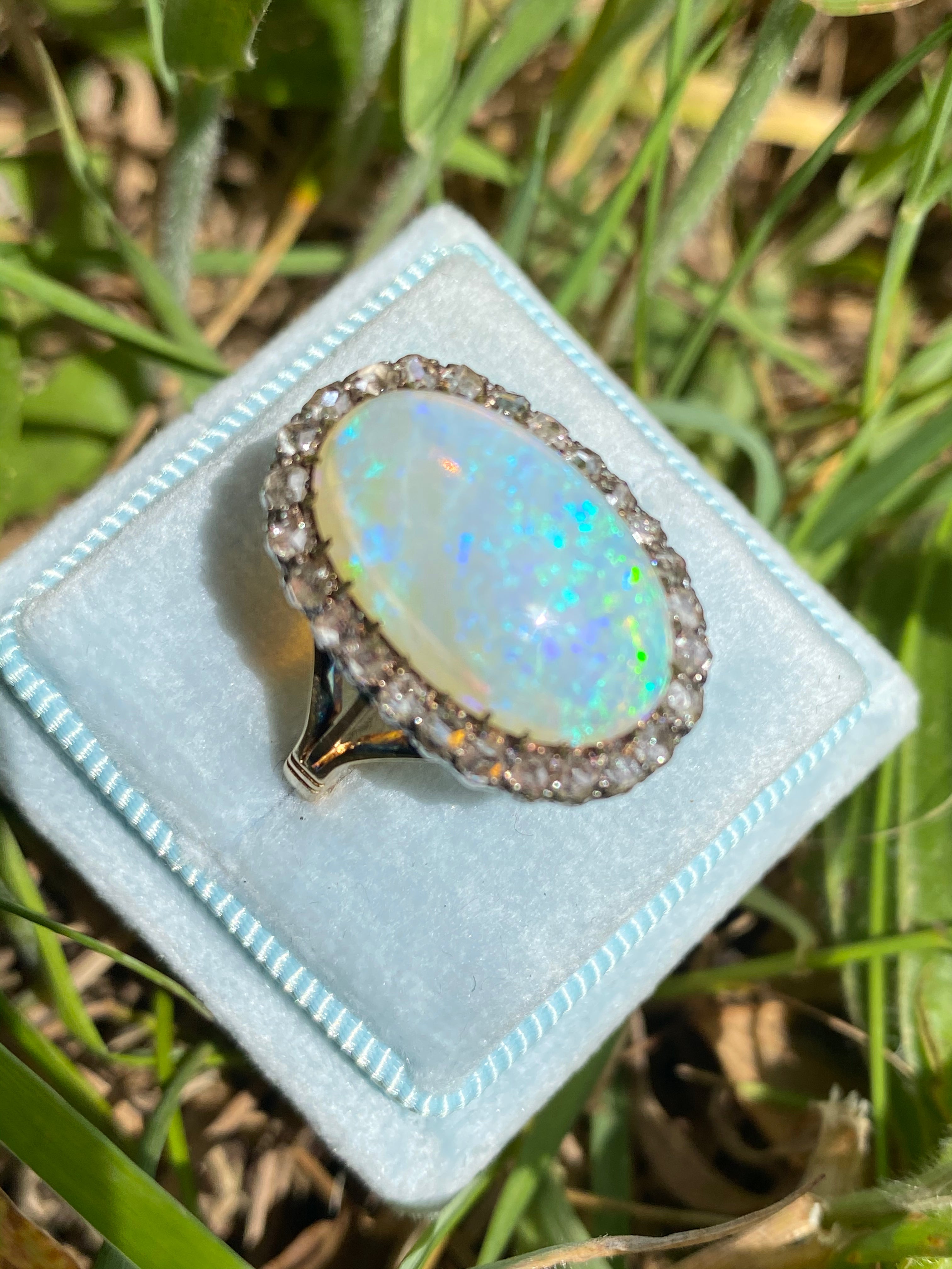 Antique Victorian White Opal and Old Euro Cut Diamond halo cocktail ring in Gold 