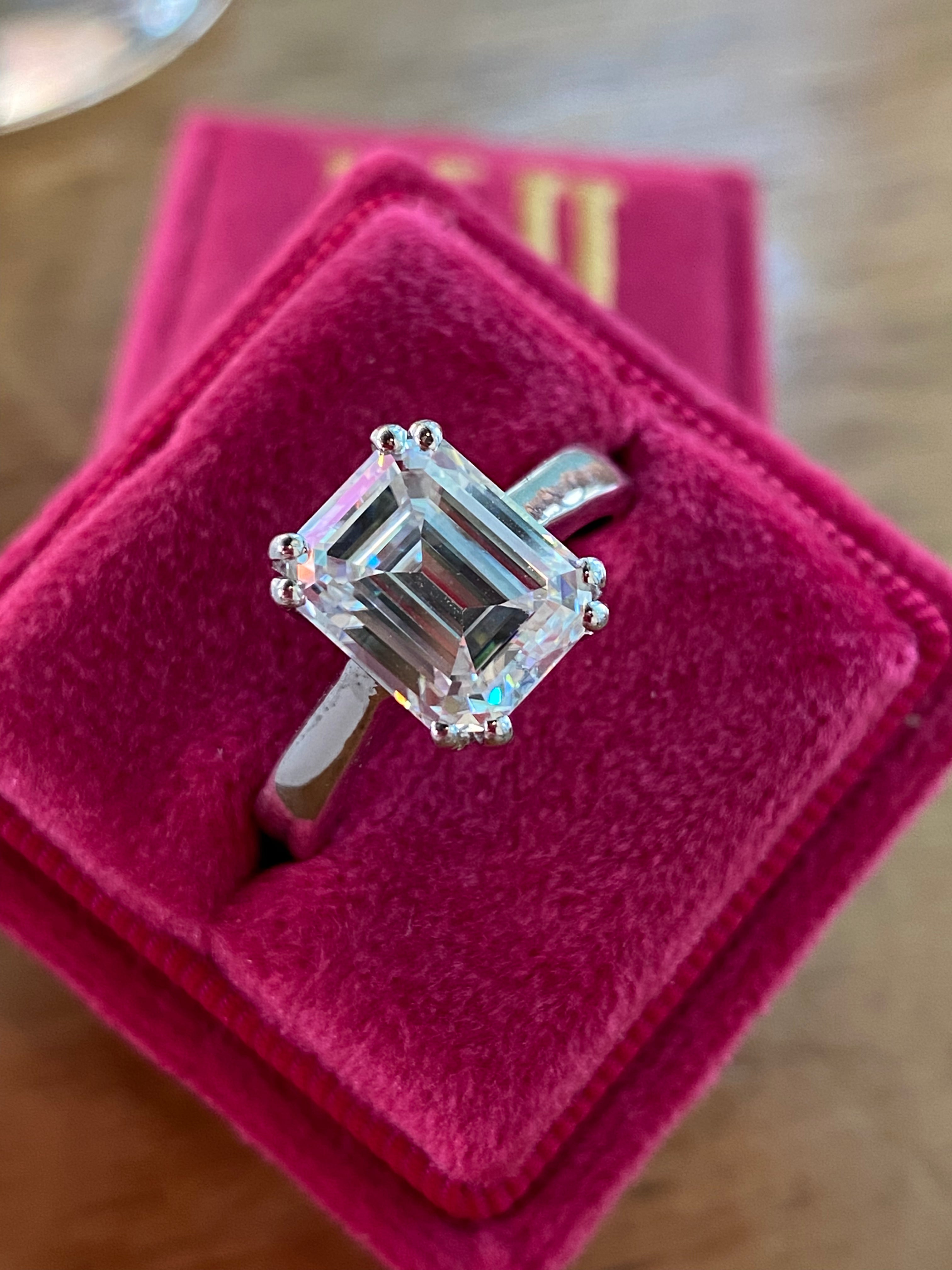 3.50 Carat Emerald Cut Moissanite Solitaire Engagement Ring in Sterling Silver