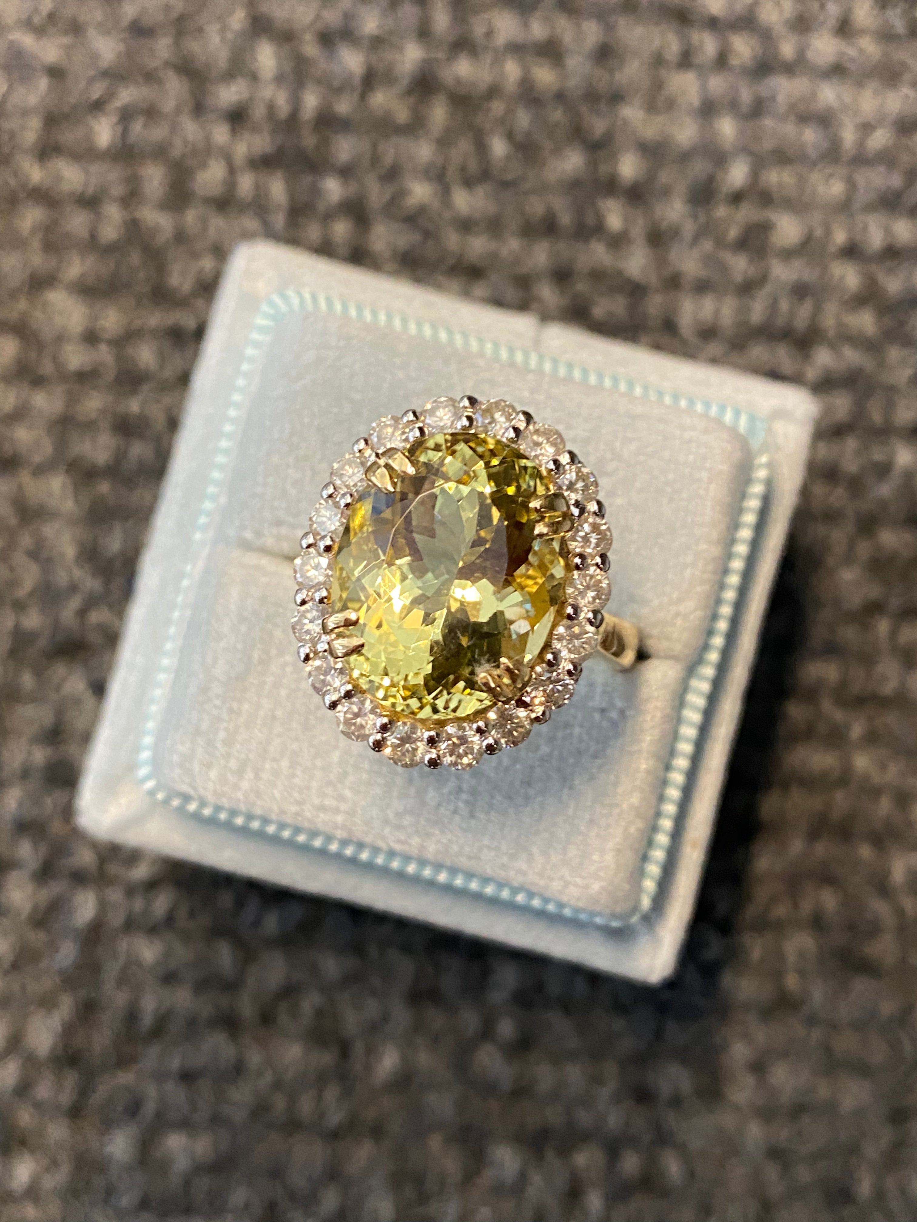 7.50ct Yellow Aquamarine and 1.00ct Diamond Halo Ring in 18ct Yellow Gold