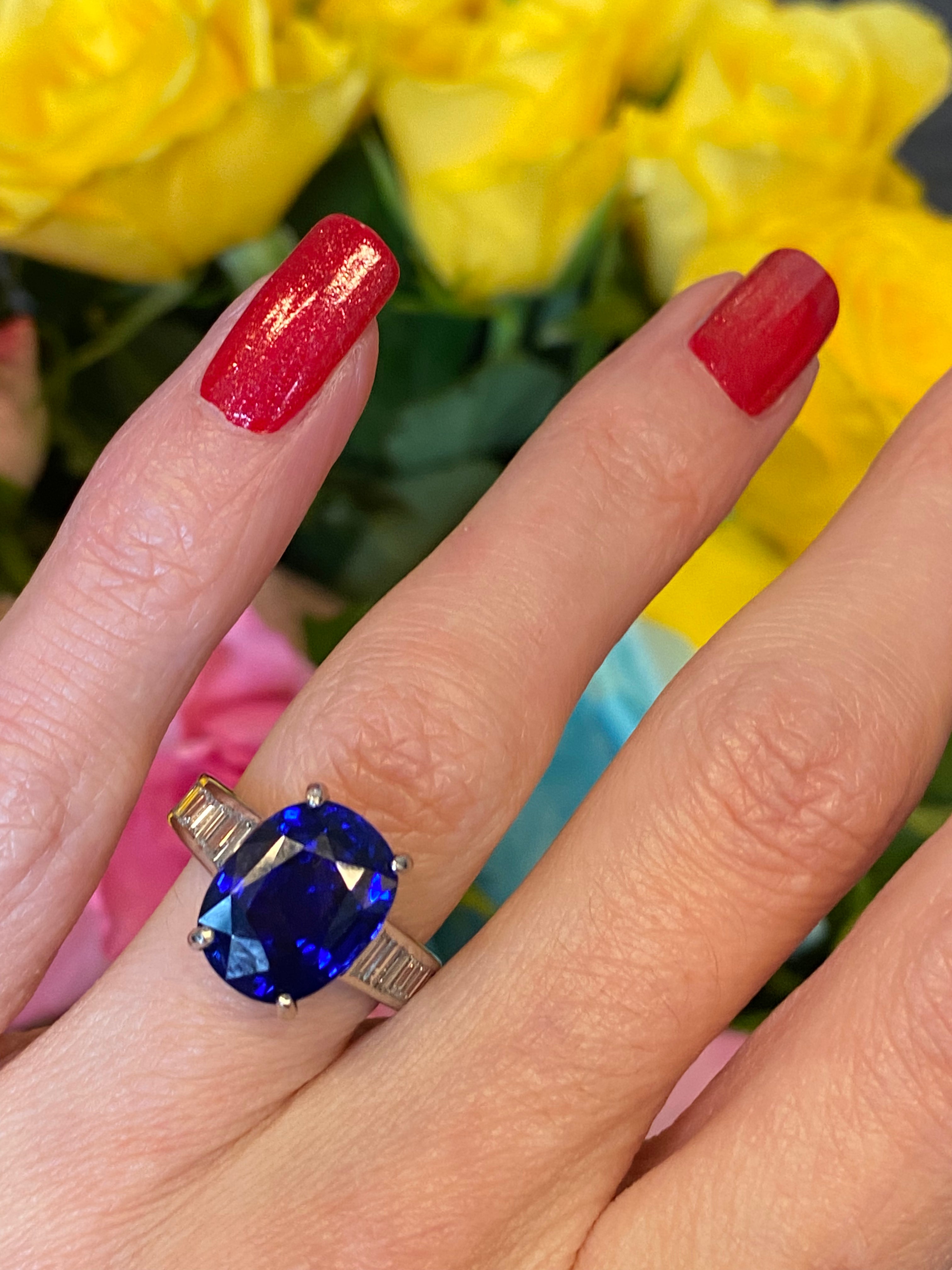 Oval Cut Blue Ceylon Sapphire Unheated and Diamond Art Deco Style Engagement Ring in Platinum 