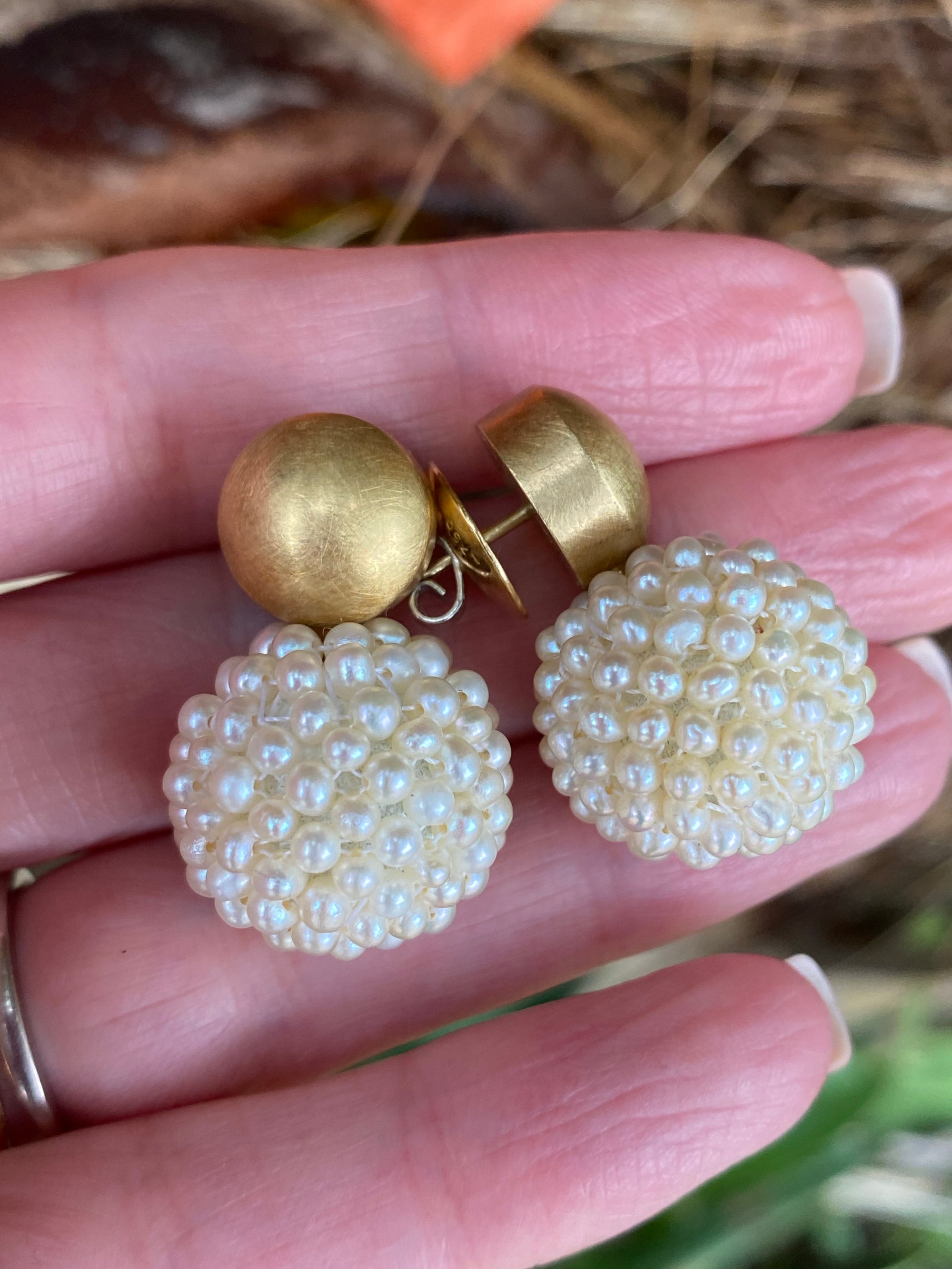 Vintage Seed Pearl and Yellow Gold Ball Drop Earrings
