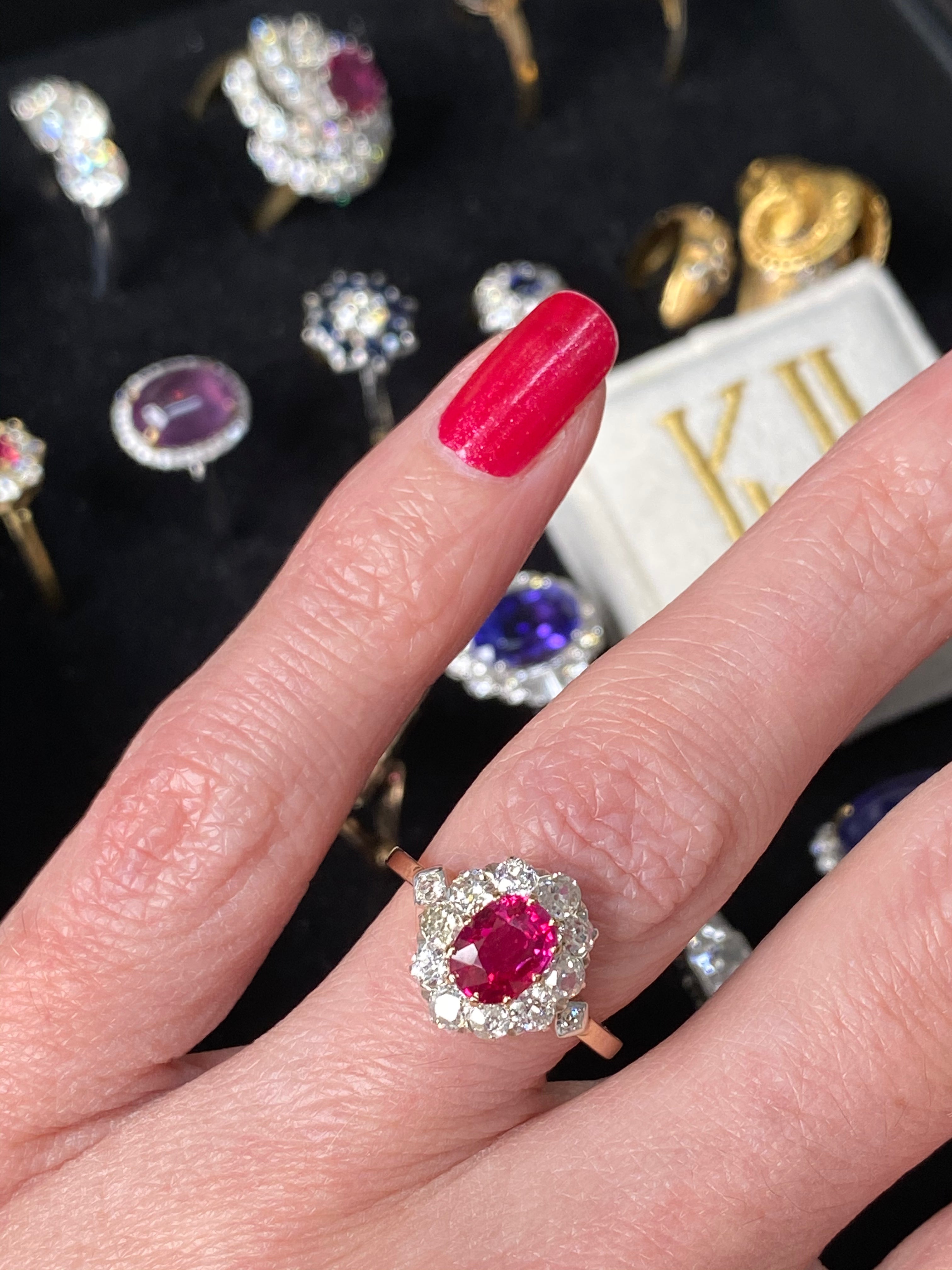 1.18 Carat Antique Ruby and Diamond Halo Engagement Ring in 18ct Yellow Gold