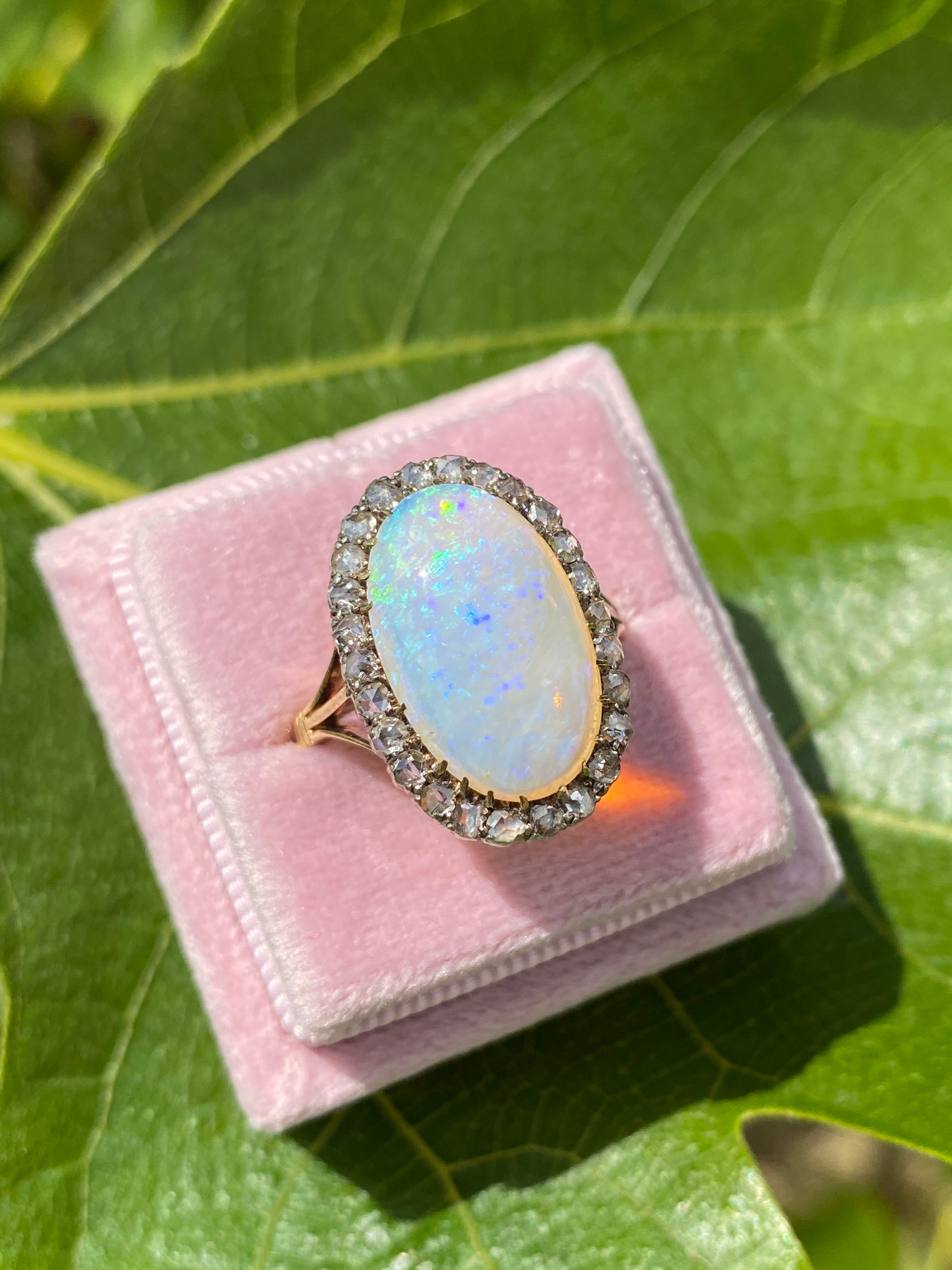 Antique Victorian White Opal and Old Euro Cut Diamond halo cocktail ring in Gold 