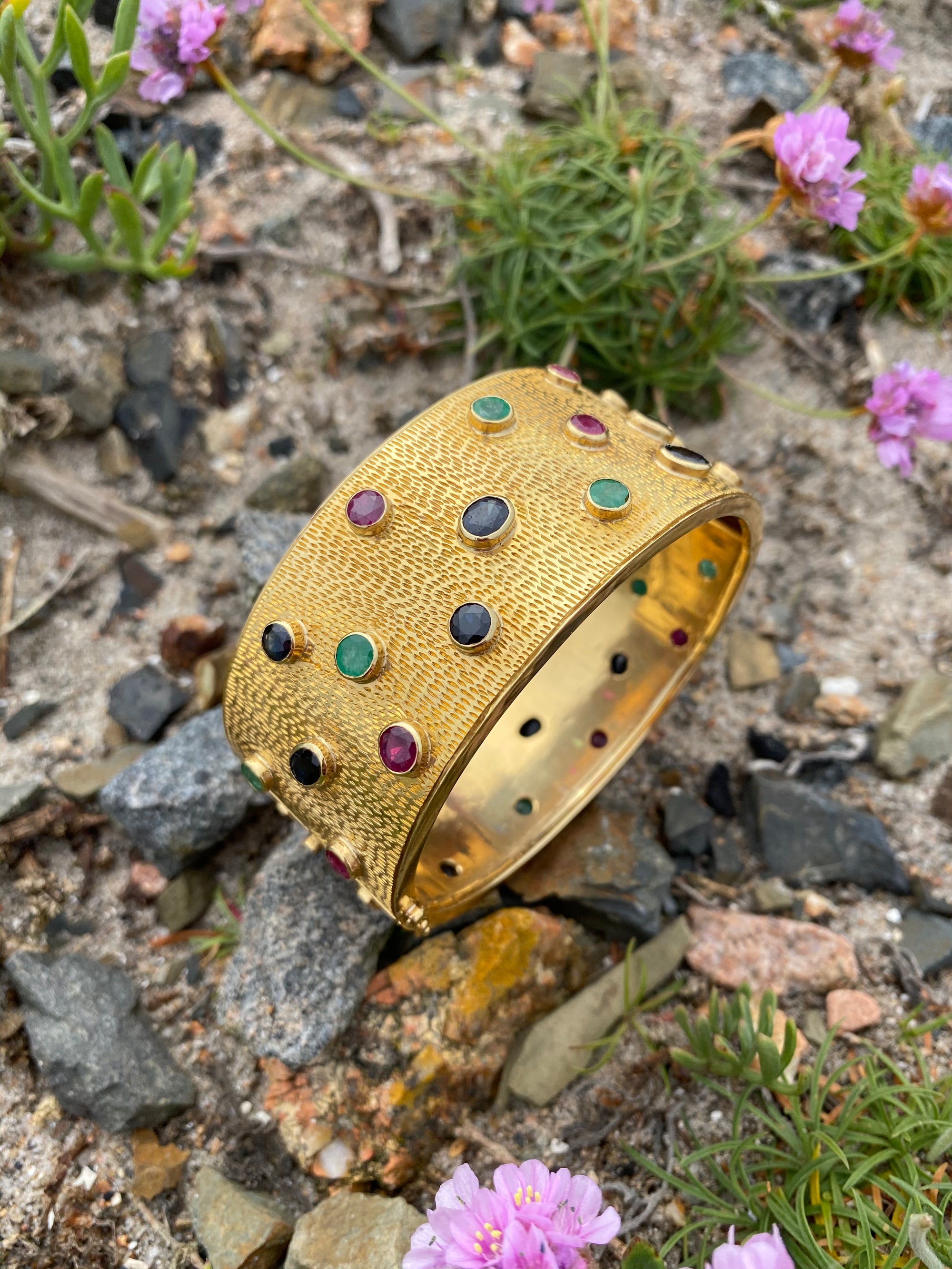 Vintage Ruby, Blue Sapphire and Emerald Bezel Set Cuff Bangle Bracelet in 18K Yellow Gold 