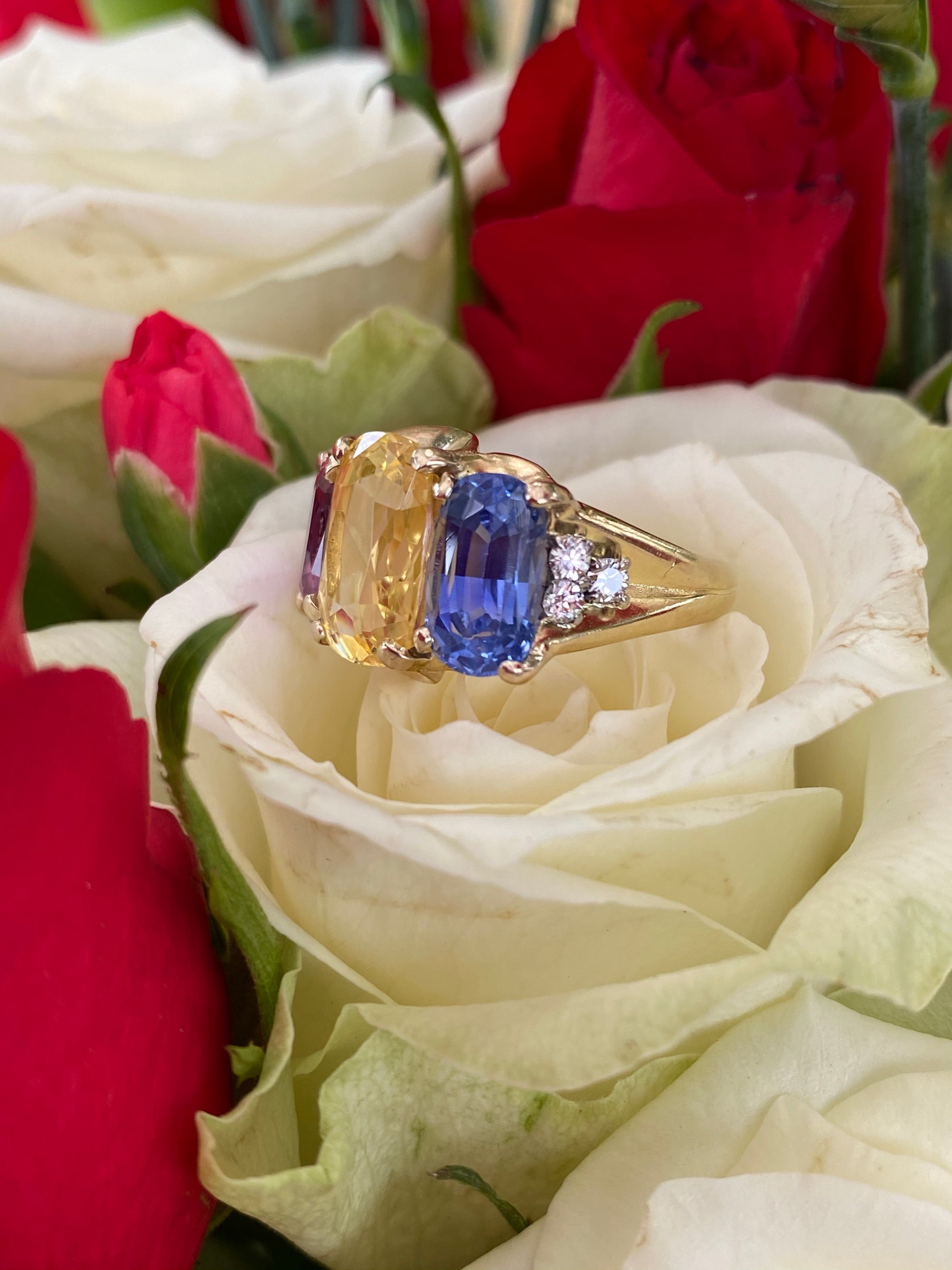 No Heat Pink, Yellow and Blue Sapphire Cushion Cut Engagement Ring