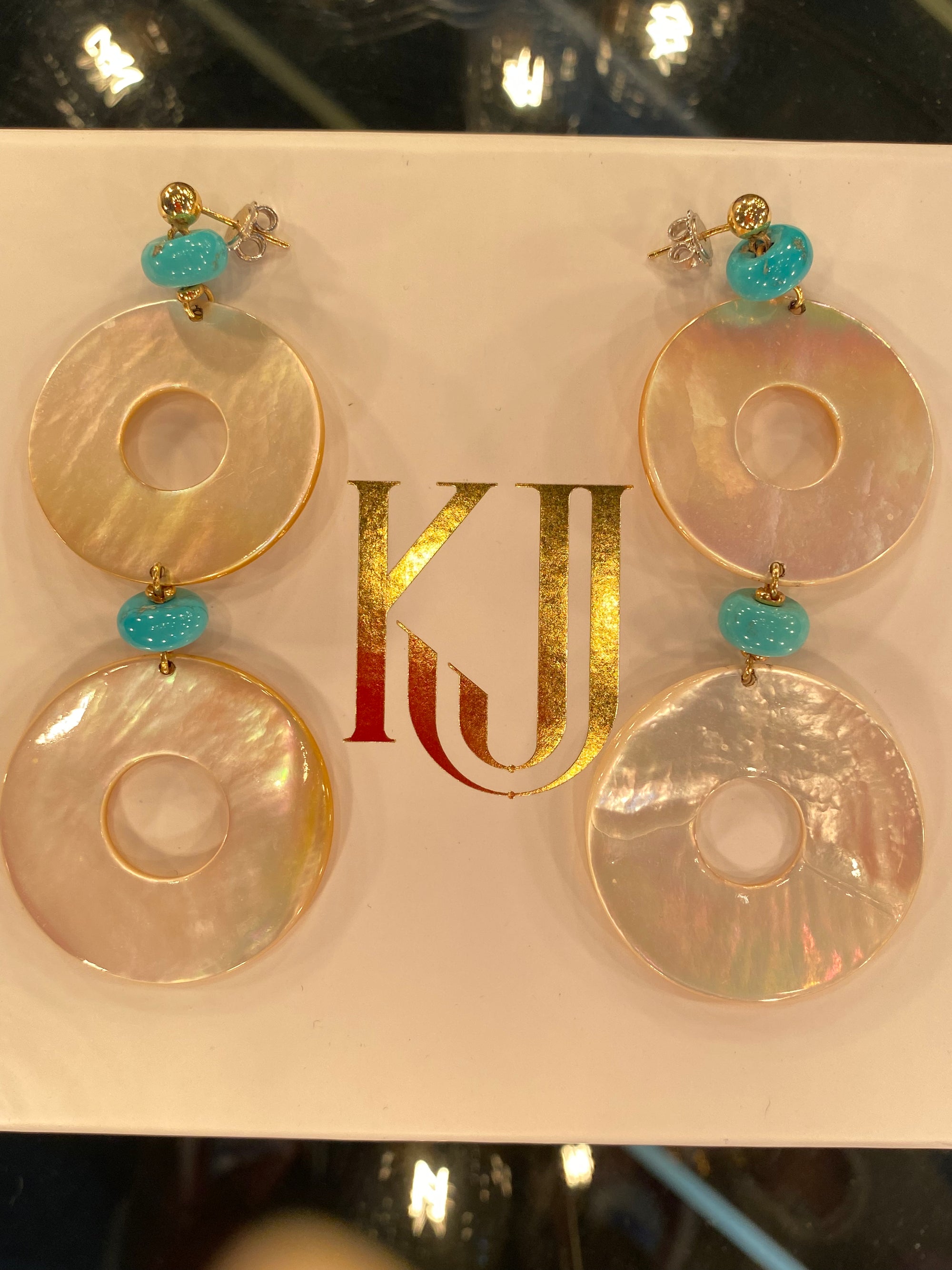Huge Statement Turquoise and Mother of Pearl Drop Earrings in 18ct Yellow Gold