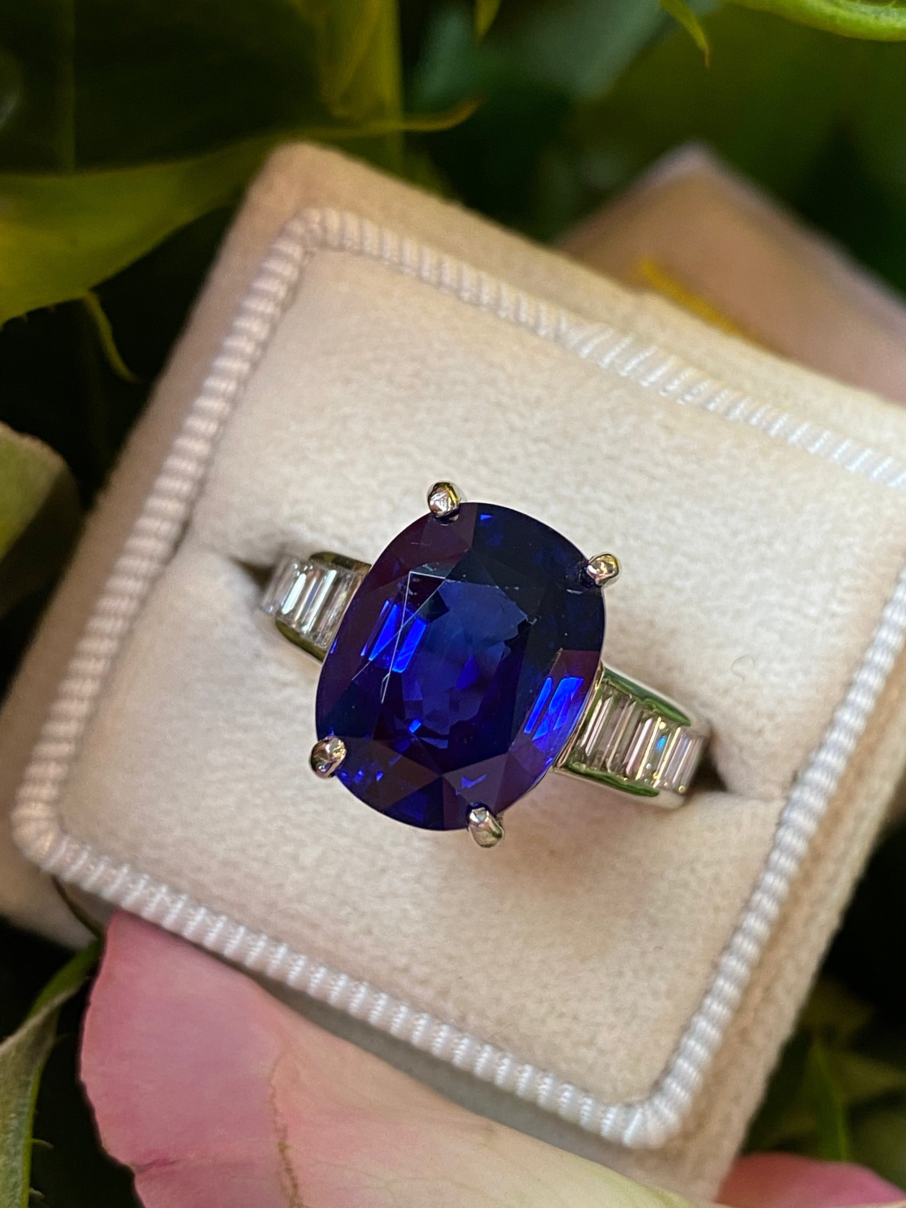 Oval Cut Blue Ceylon Sapphire Unheated and Diamond Art Deco Style Engagement Ring in Platinum 
