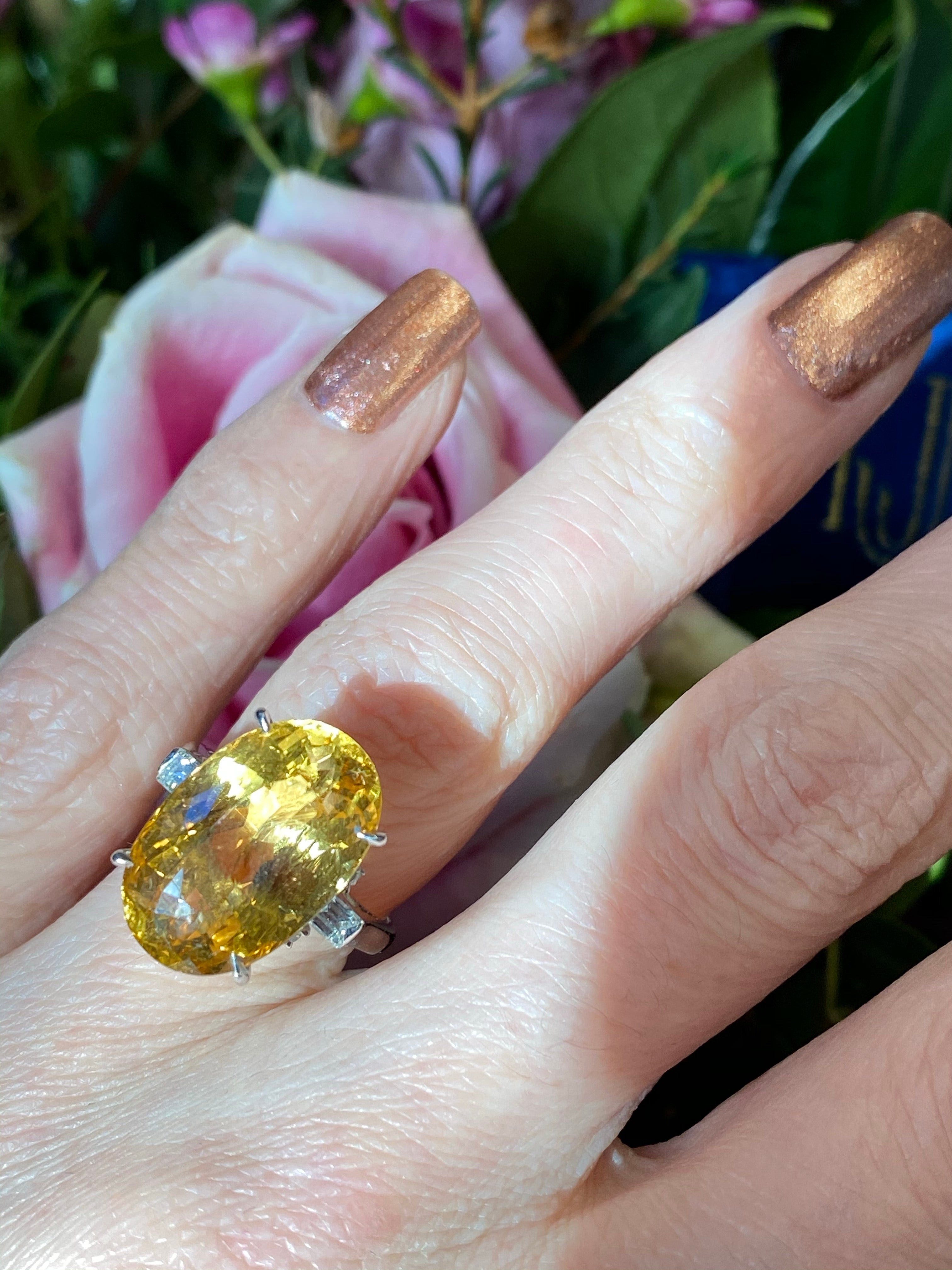 10.08 Carat Oval Cut Golden Heliodor and Diamond Ring in Platinum