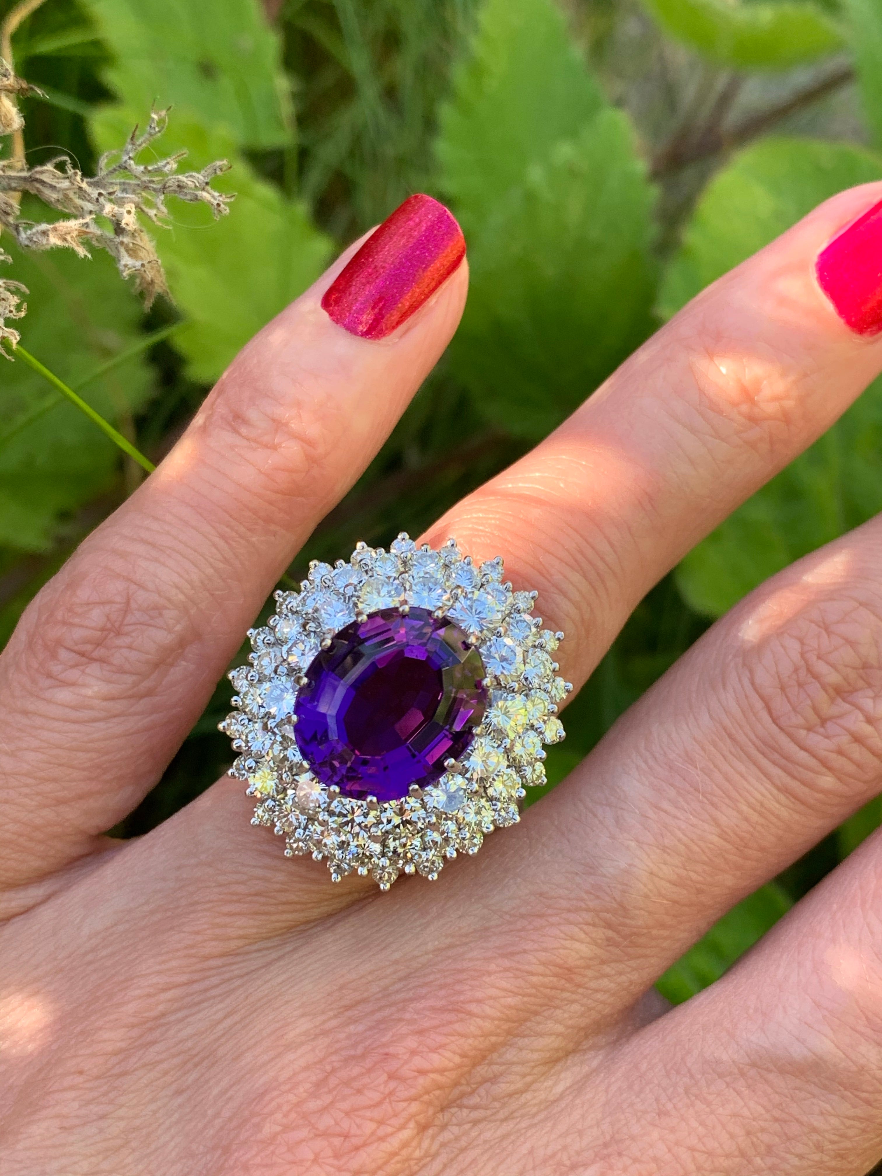 7.30 Carat Amethyst and Diamond Halo Ring in 18K White Gold 