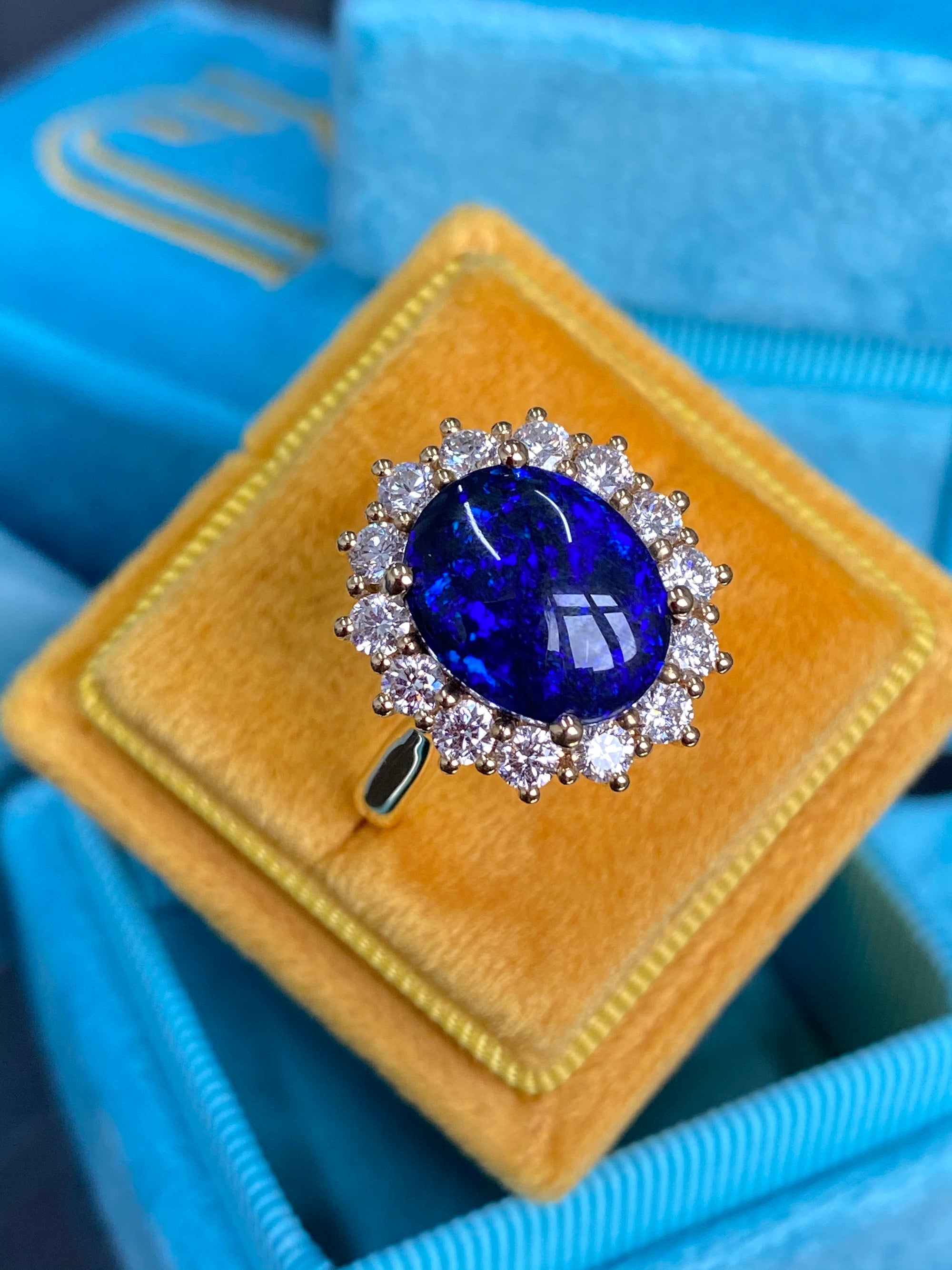 3.57 Carat Vintage Black Opal and Diamond Halo Ring in 18ct Yellow Gold
