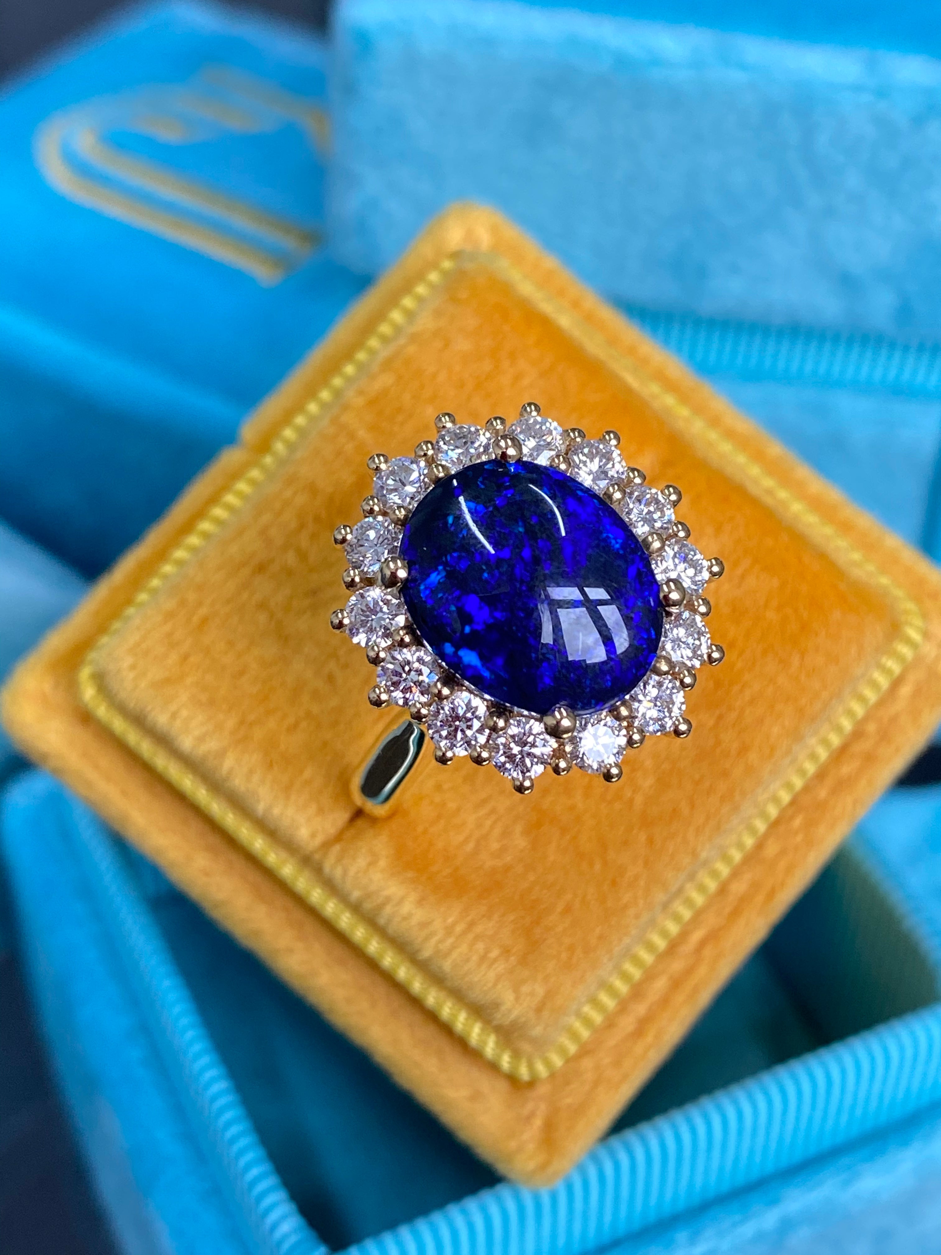 3.57 Carat Vintage Black Opal and Diamond Halo Ring in 18ct Yellow Gold