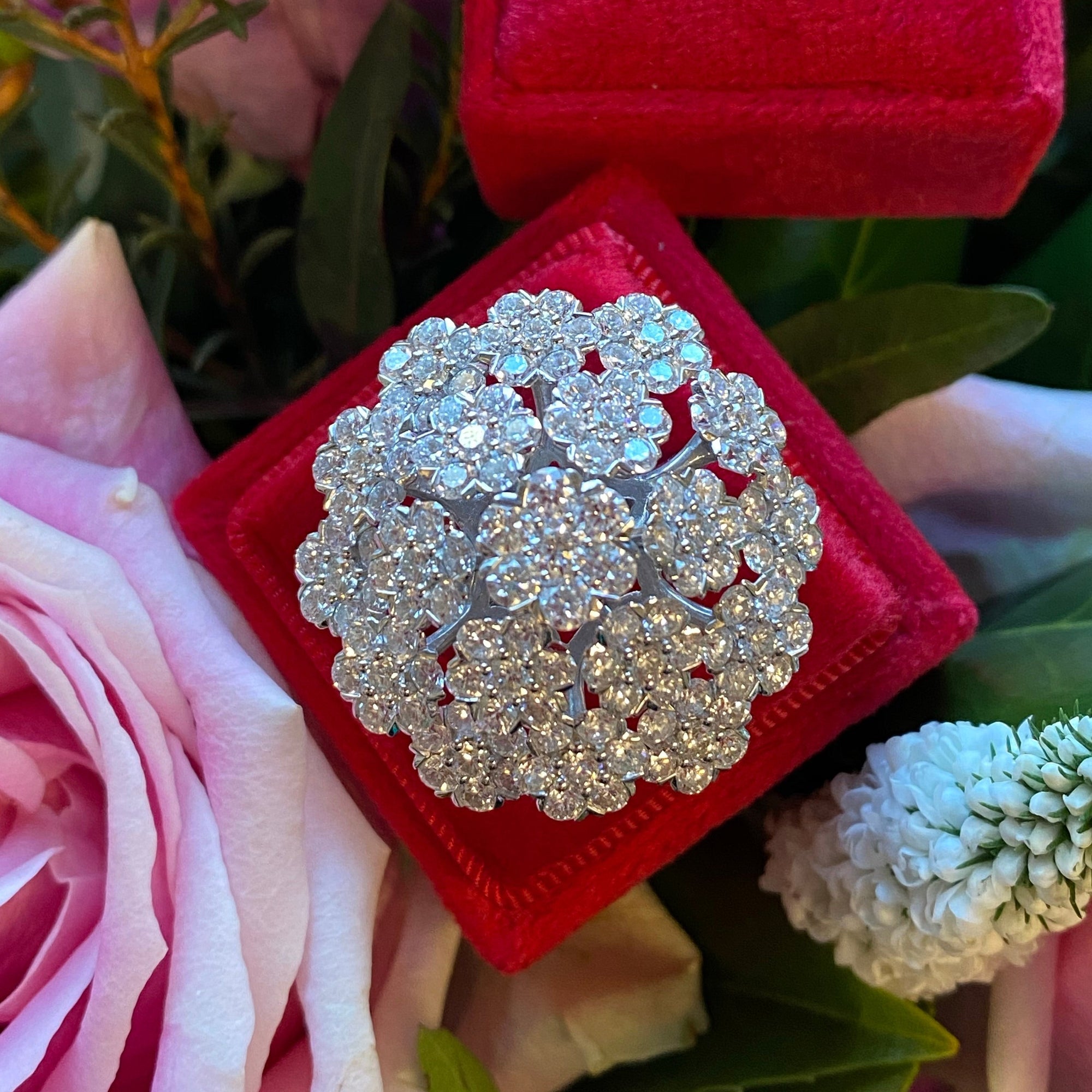 7.75 CTW Diamond Cluster Flower Cocktail Ring in 18ct White Gold