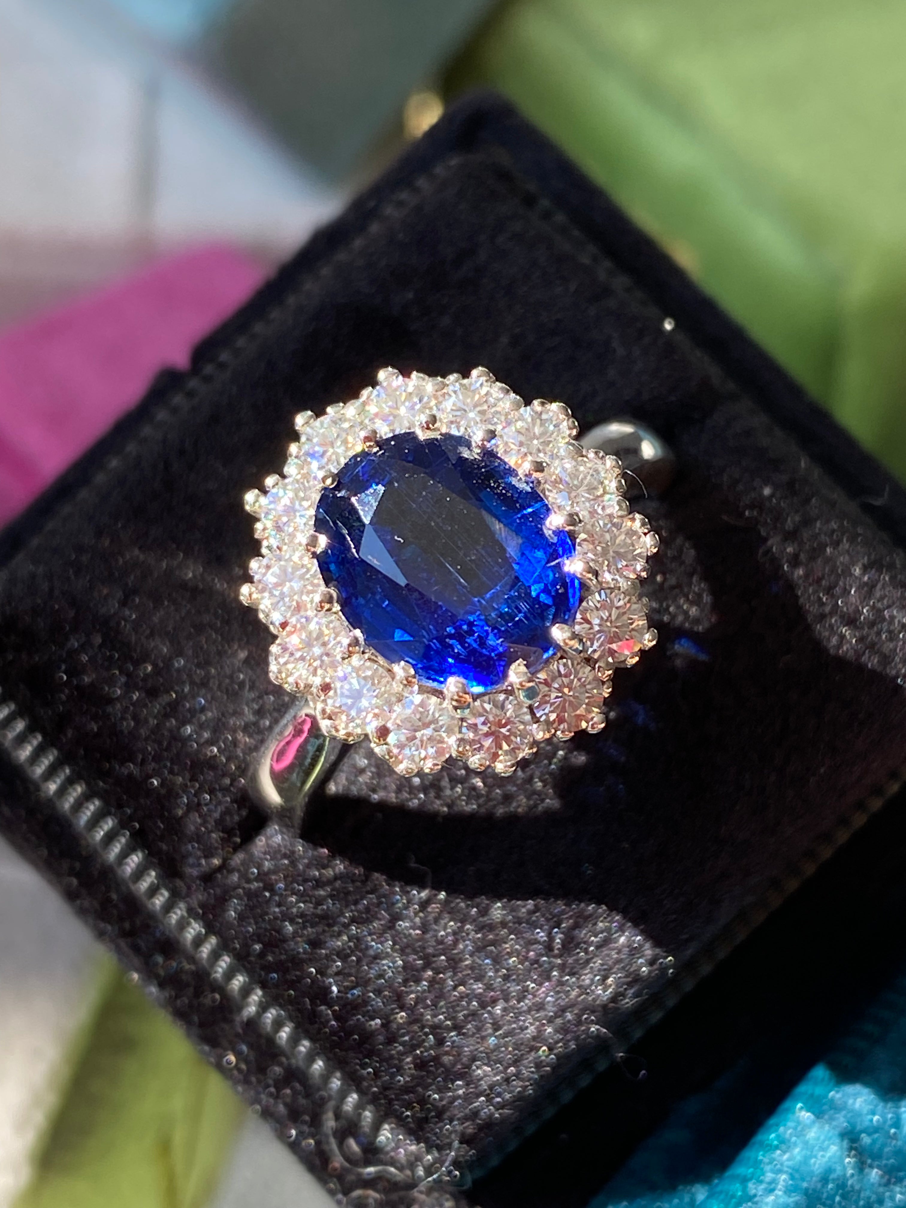 4.50 CTW Oval Cut Kyanite and Moissanite Halo Ring in Sterling Silver