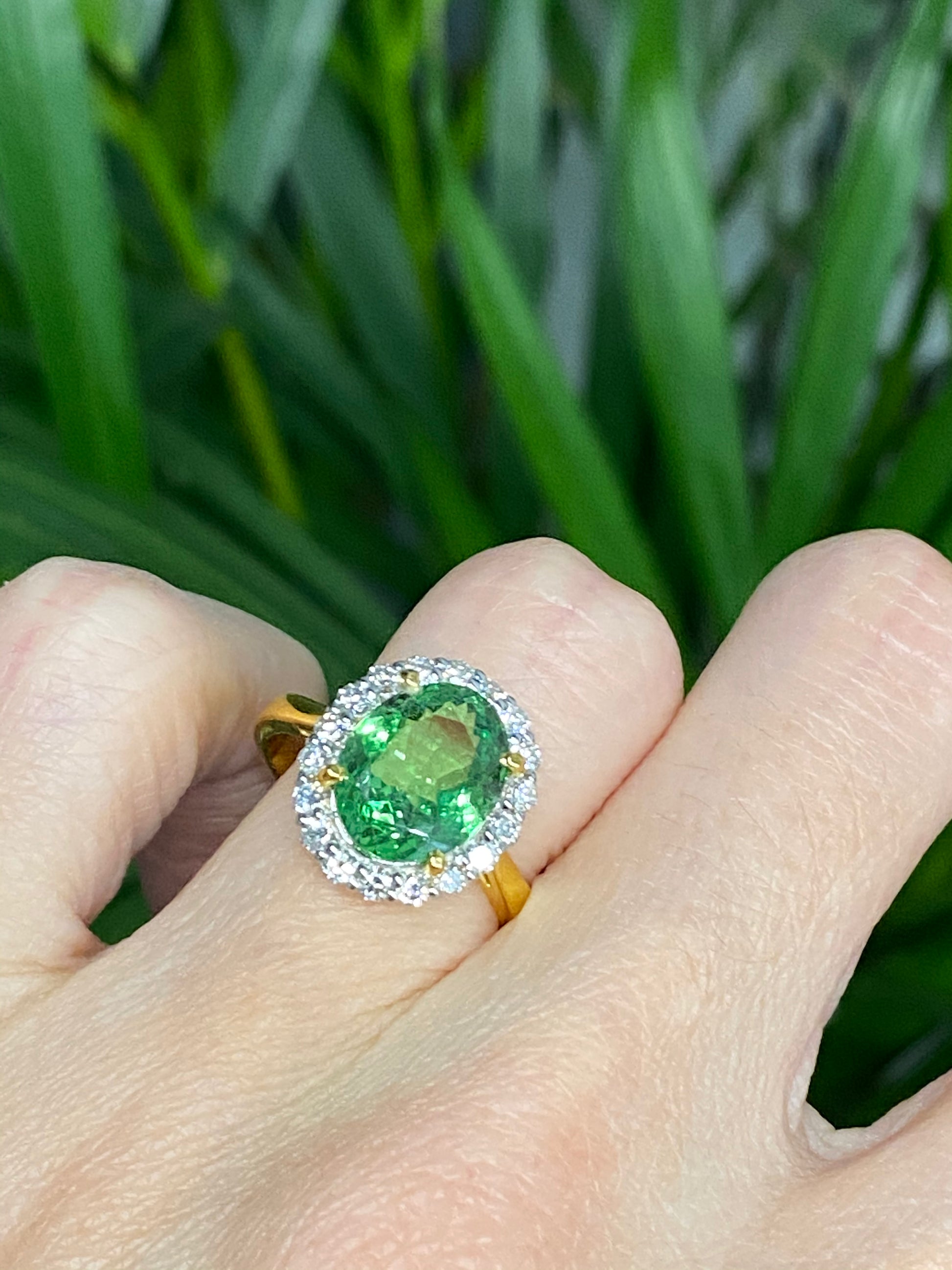 4.50 Carat Tsavorite Garnet and Diamond Halo Engagement Ring in 18ct Y Katherine James