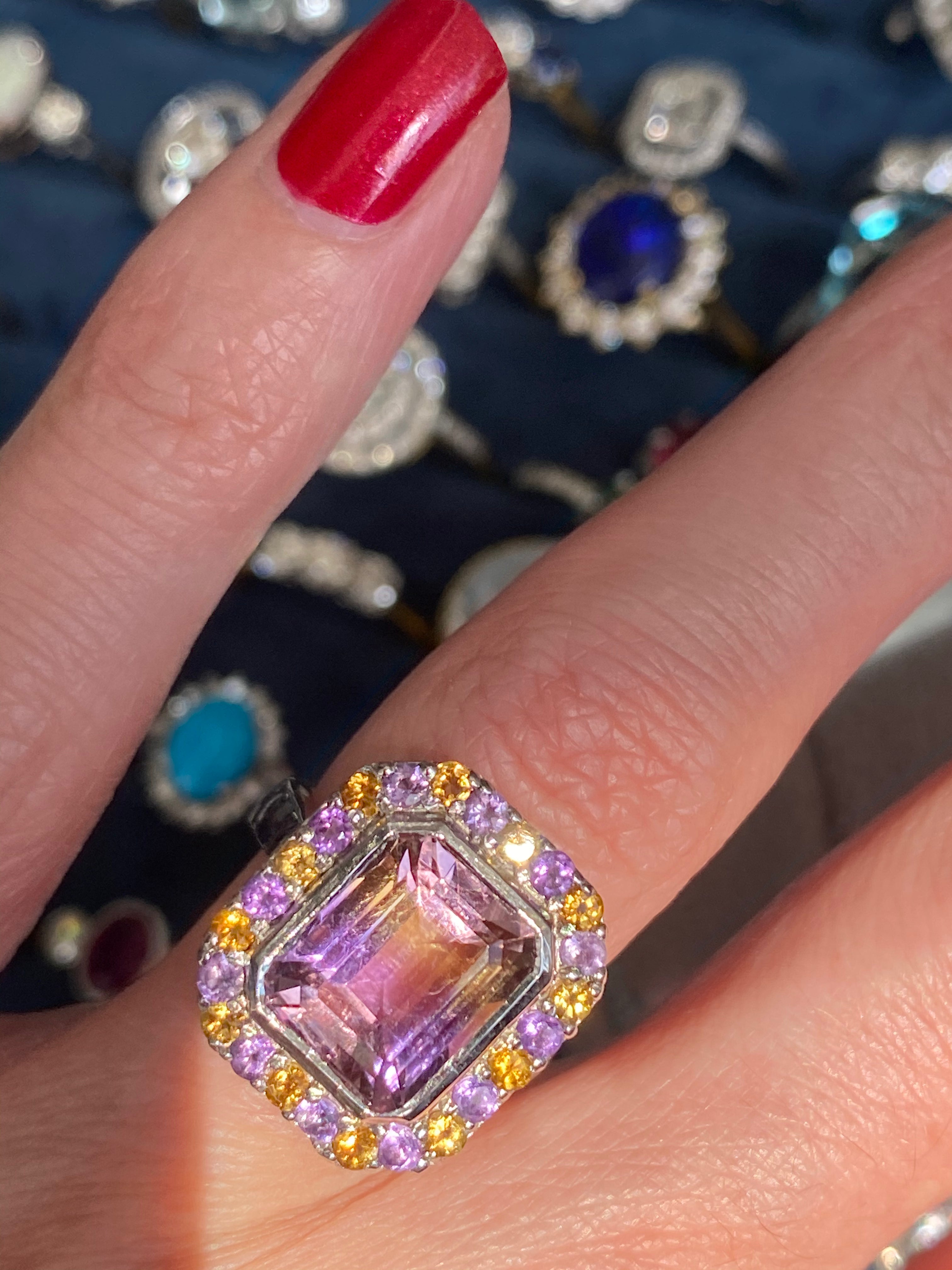 Ametrine, Amethyst and Citrine Halo Cocktail Ring in Sterling Silver