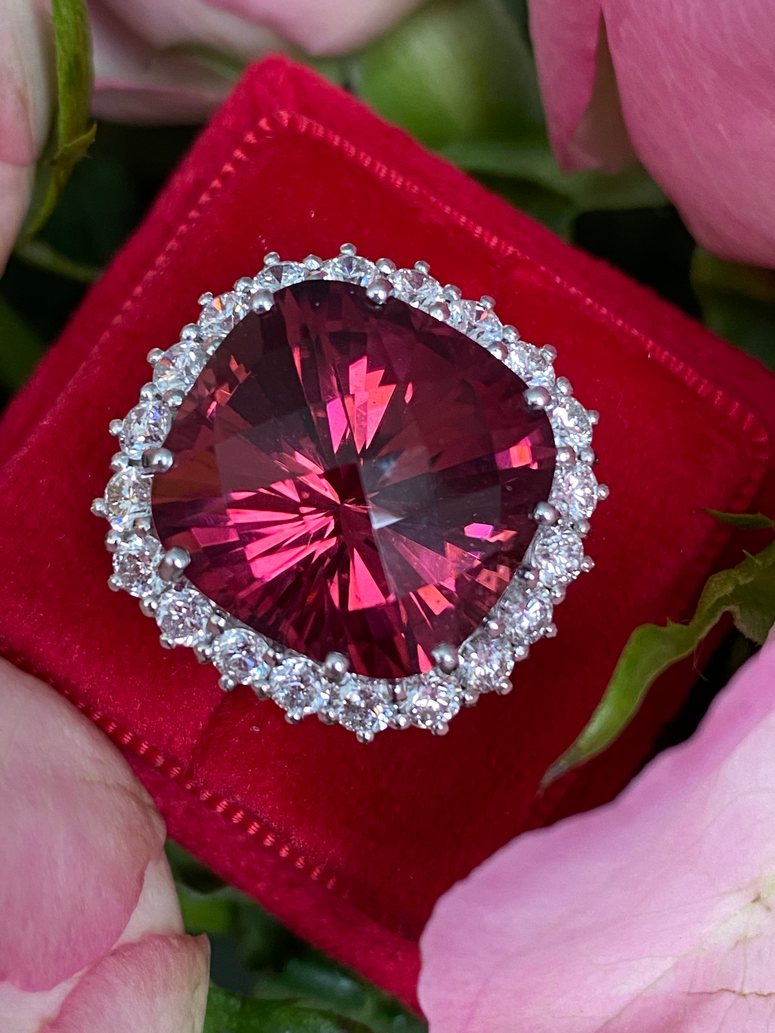Huge 17 Carat Rubellite Pink Tourmaline and Diamond Cocktail Ring in White and Yellow Gold 