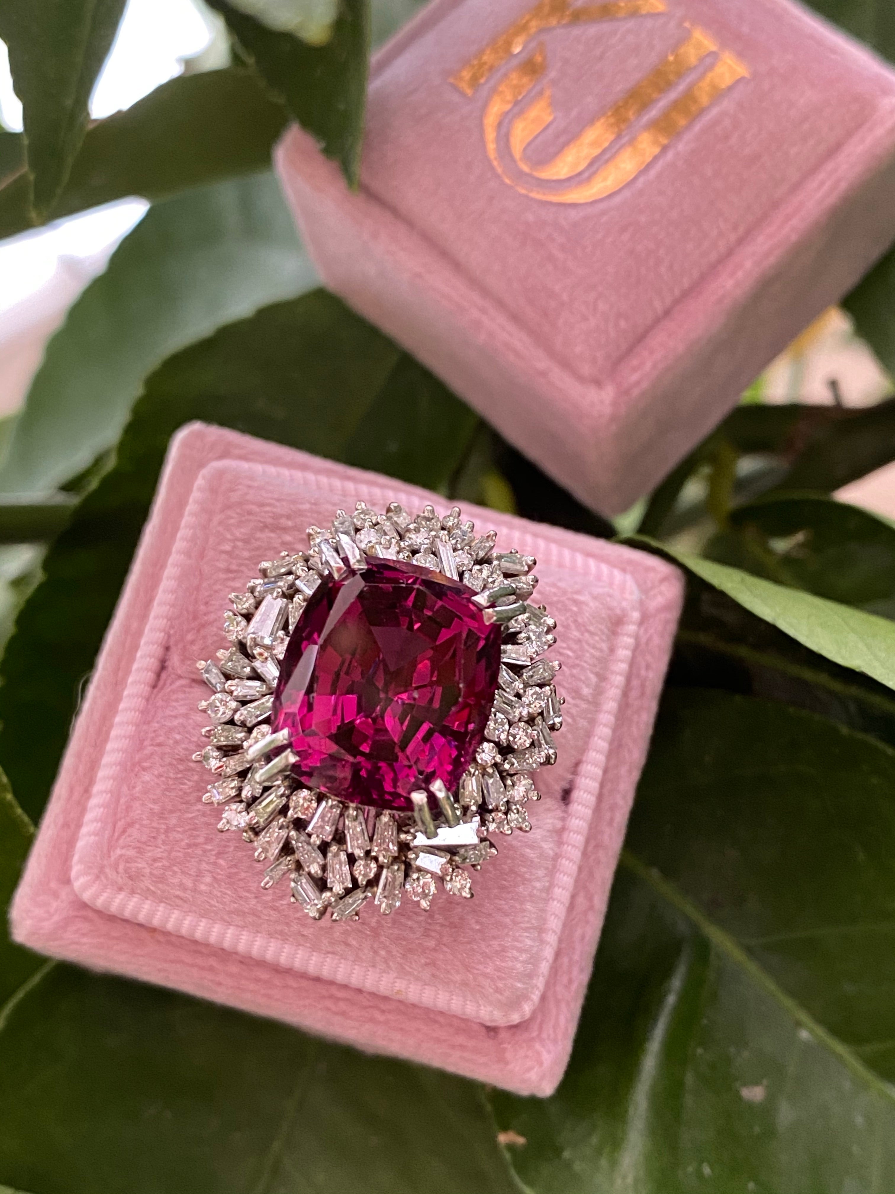15 Carat Vintage Rhodolite Garnet and Diamond Halo Cocktail Ring in Platinum 