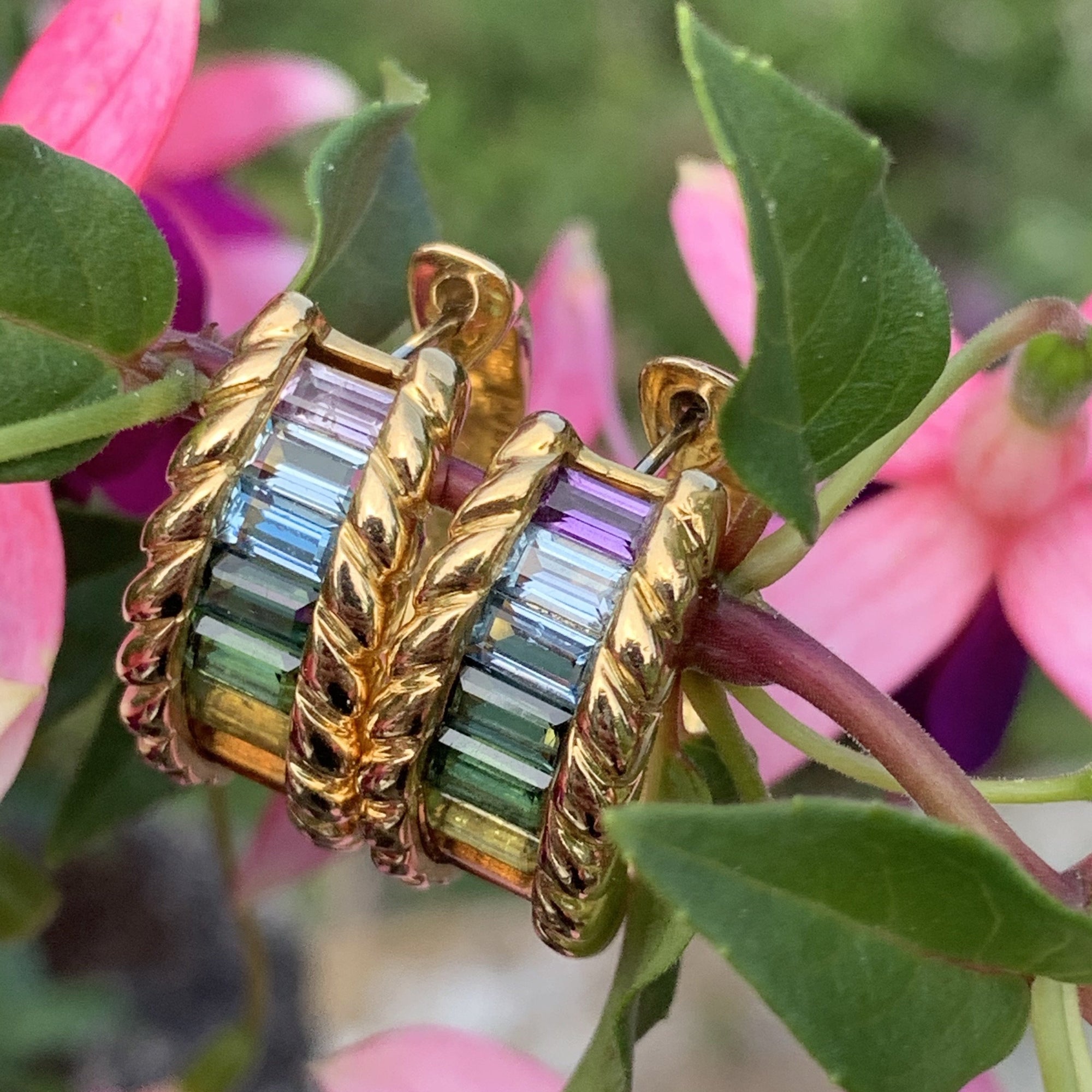 Rainbow Tourmaline Hoop Earrings in 18K Yellow Gold 